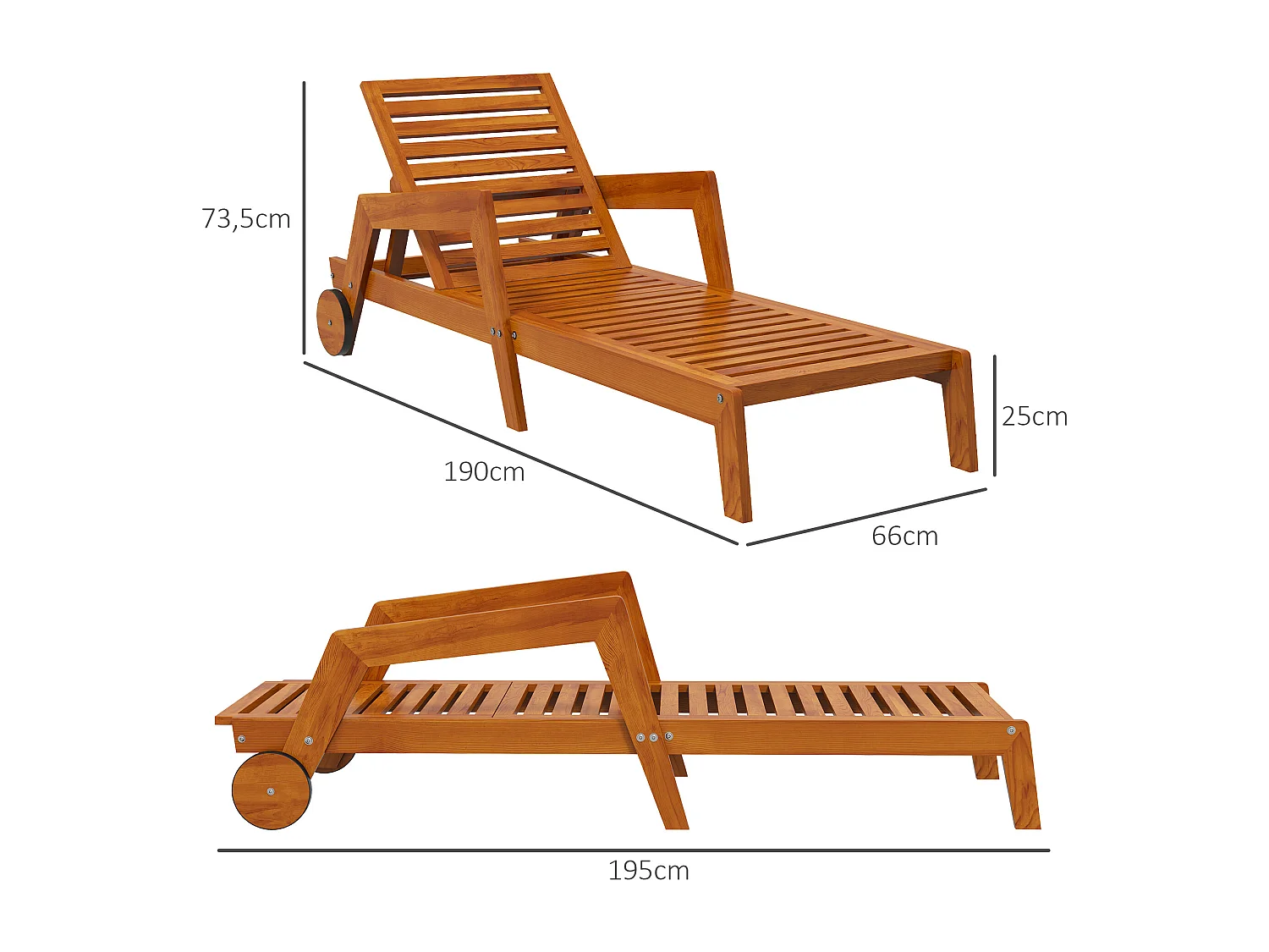 Bain de soleil transat inclinable 3 positions - accoudoirs, roues - bois de mélèze verni