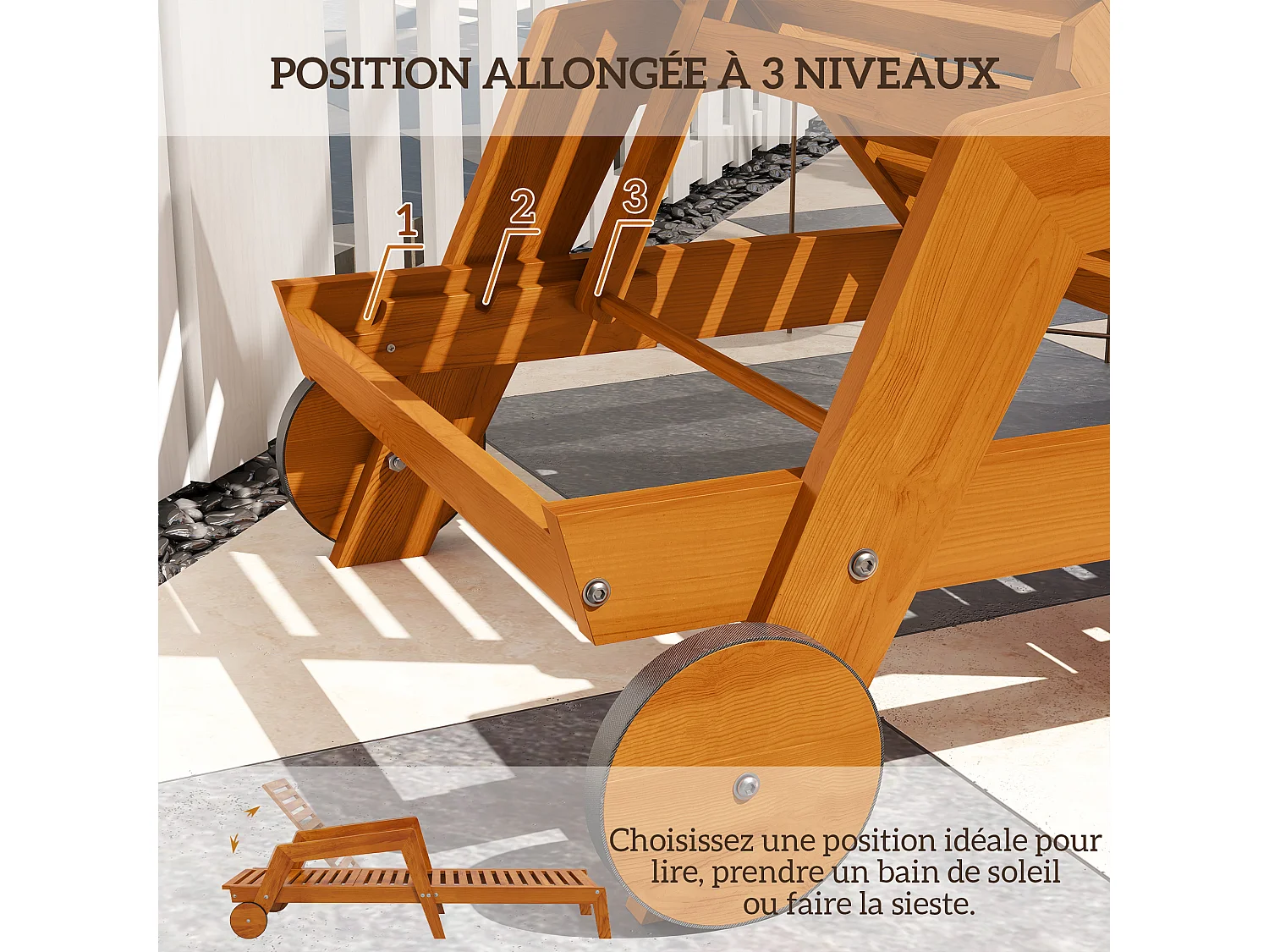Bain de soleil transat inclinable 3 positions - accoudoirs, roues - bois de mélèze verni