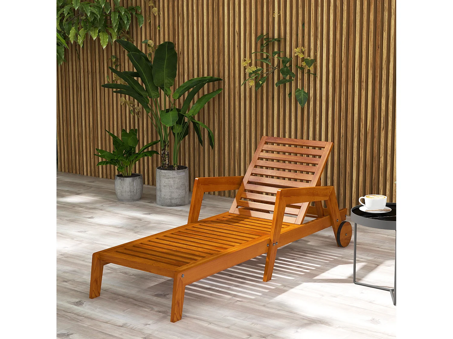 Bain de soleil transat inclinable 3 positions - accoudoirs, roues - bois de mélèze verni