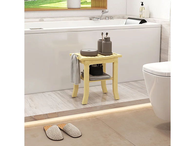 Tabouret de douche - étagère, porte-serviettes - dim. 42L x 29l x 43H cm - bambou verni