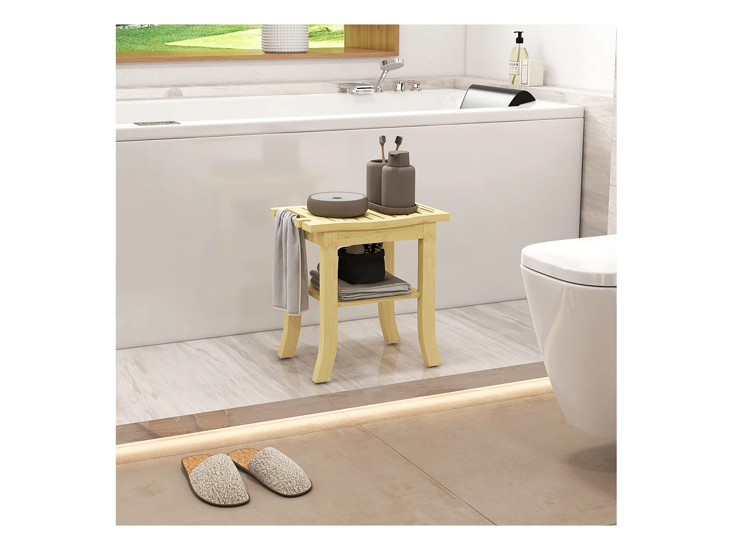 Tabouret de douche - étagère, porte-serviettes - dim. 42L x 29l x 43H cm - bambou verni
