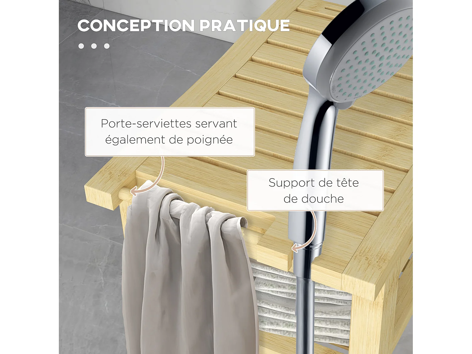 Tabouret de douche - étagère, porte-serviettes - dim. 42L x 29l x 43H cm - bambou verni