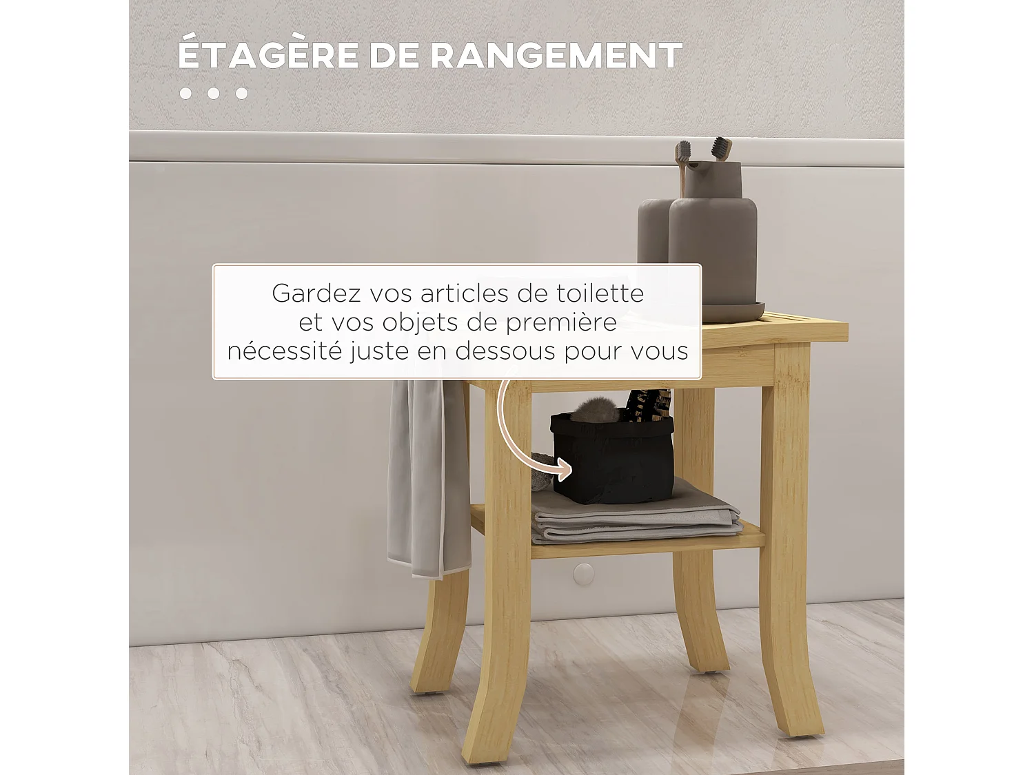 Tabouret de douche - étagère, porte-serviettes - dim. 42L x 29l x 43H cm - bambou verni