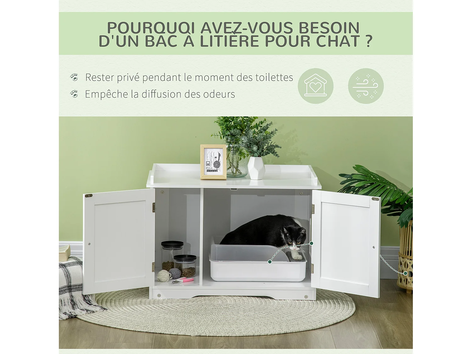 Maison de toilette pour chat table d'appoint 2 en 1 - 2 portes, cloison amovible, rangement latéral - blanc