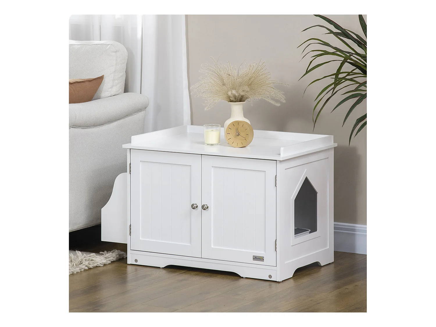 Maison de toilette pour chat table d'appoint 2 en 1 - 2 portes, cloison amovible, rangement latéral - blanc