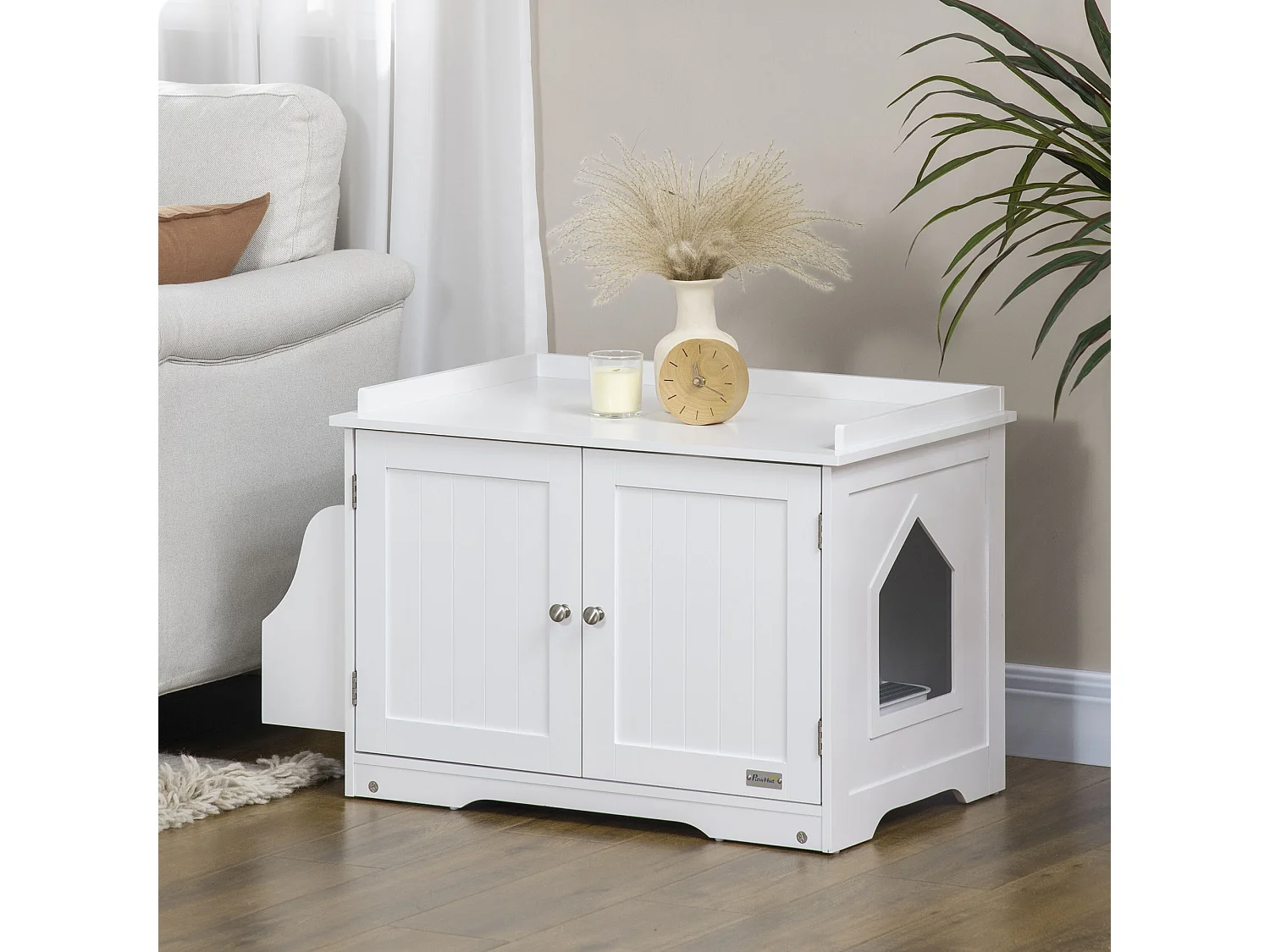 Maison de toilette pour chat table d'appoint 2 en 1 - 2 portes, cloison amovible, rangement latéral - blanc