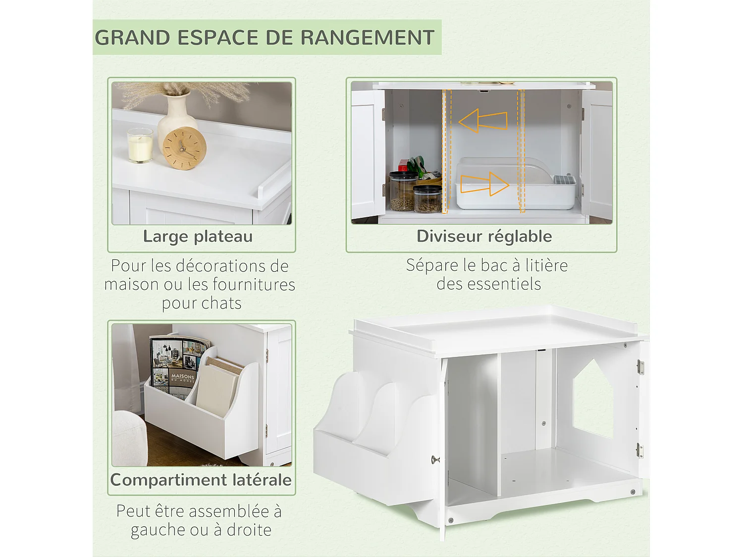 Maison de toilette pour chat table d'appoint 2 en 1 - 2 portes, cloison amovible, rangement latéral - blanc
