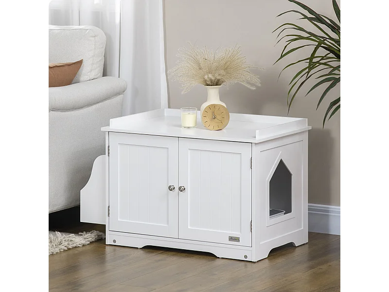 Maison de toilette pour chat table d'appoint 2 en 1 - 2 portes, cloison amovible, rangement latéral - blanc