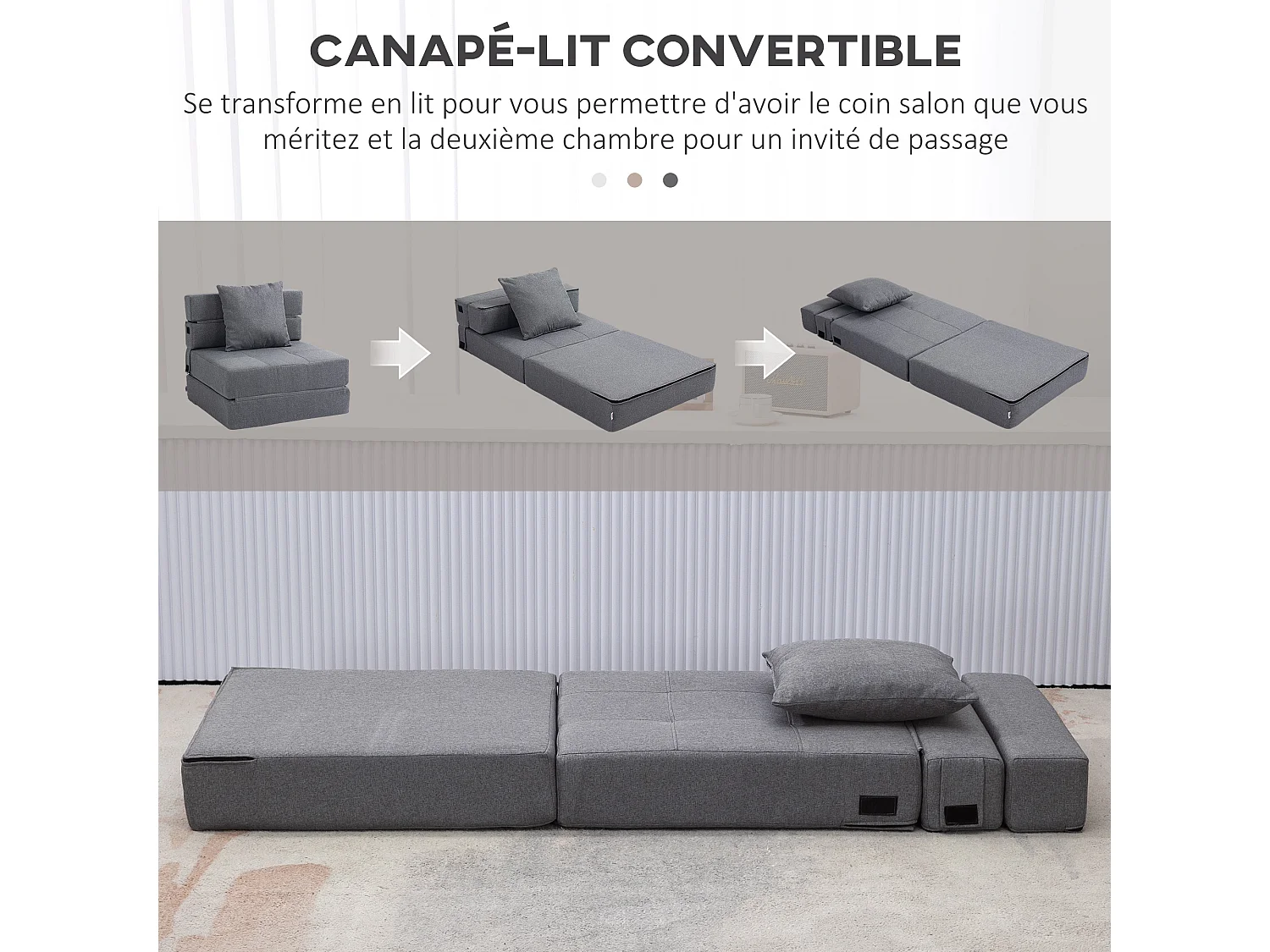 Chauffeuse canapé-lit convertible 1 place - coussin déhoussable inclus - tissu gris