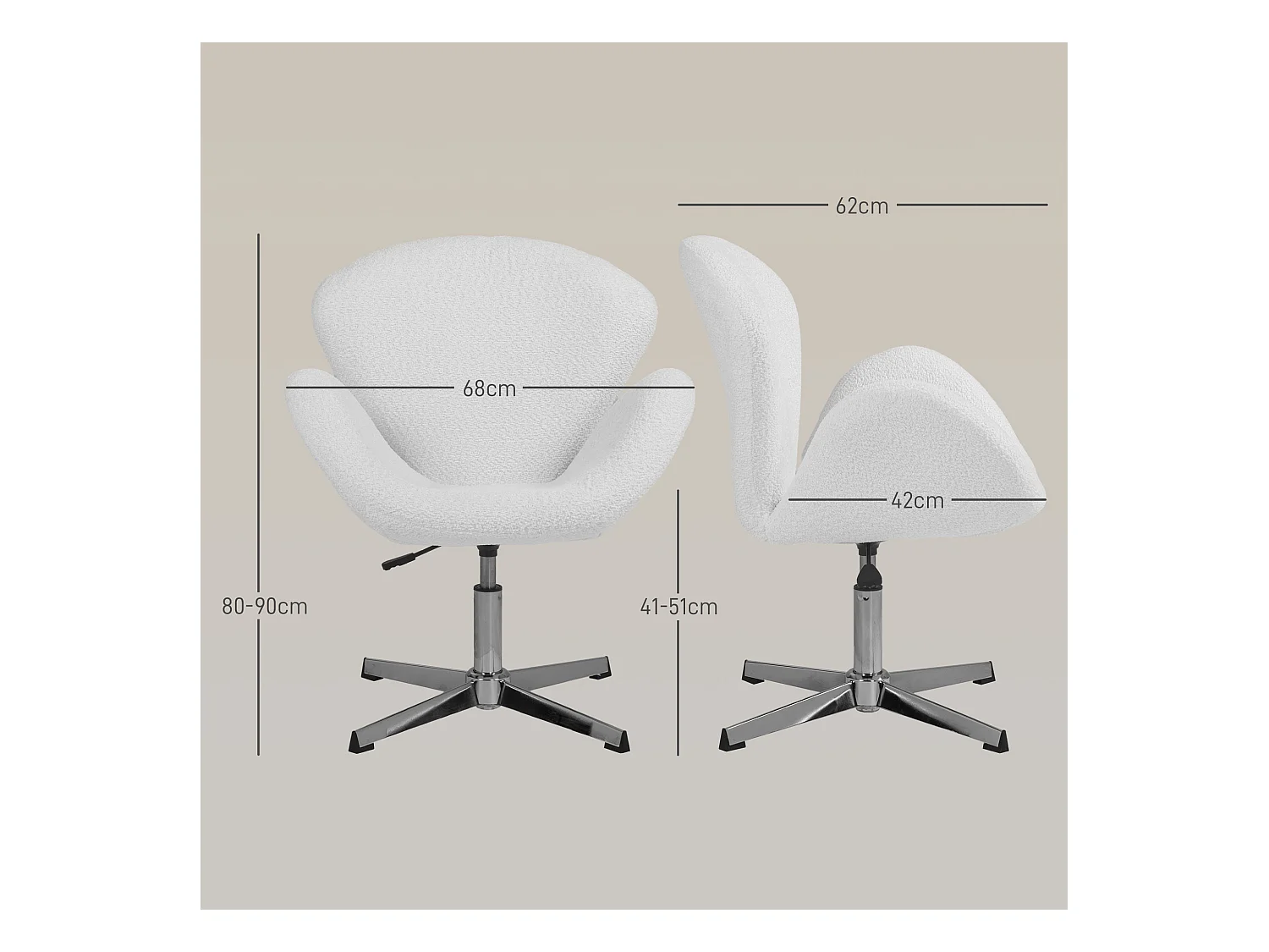 Fauteuil de bureau salon design néo-rétro hauteur réglable piètement acier chromé effet laine bouclée blanc