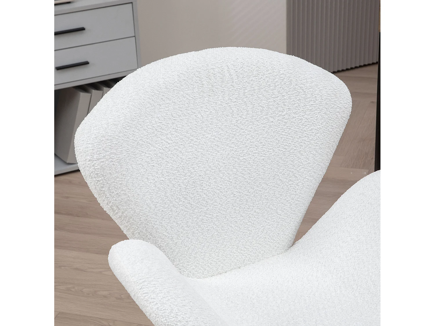 Fauteuil de bureau salon design néo-rétro hauteur réglable piètement acier chromé effet laine bouclée blanc