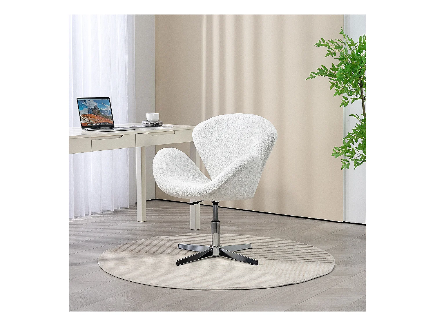 Fauteuil de bureau salon design néo-rétro hauteur réglable piètement acier chromé effet laine bouclée blanc