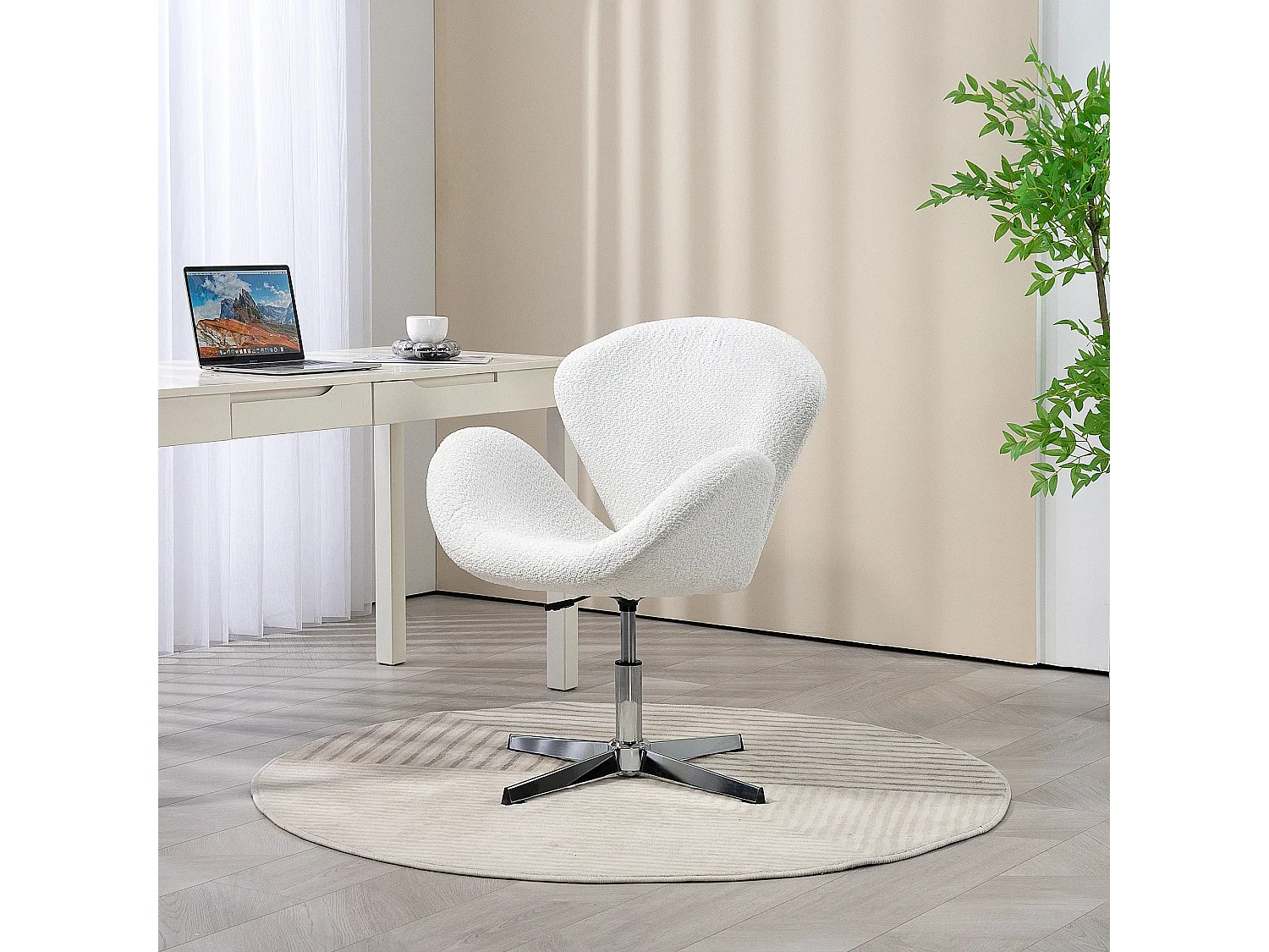Fauteuil de bureau salon design néo-rétro hauteur réglable piètement acier chromé effet laine bouclée blanc