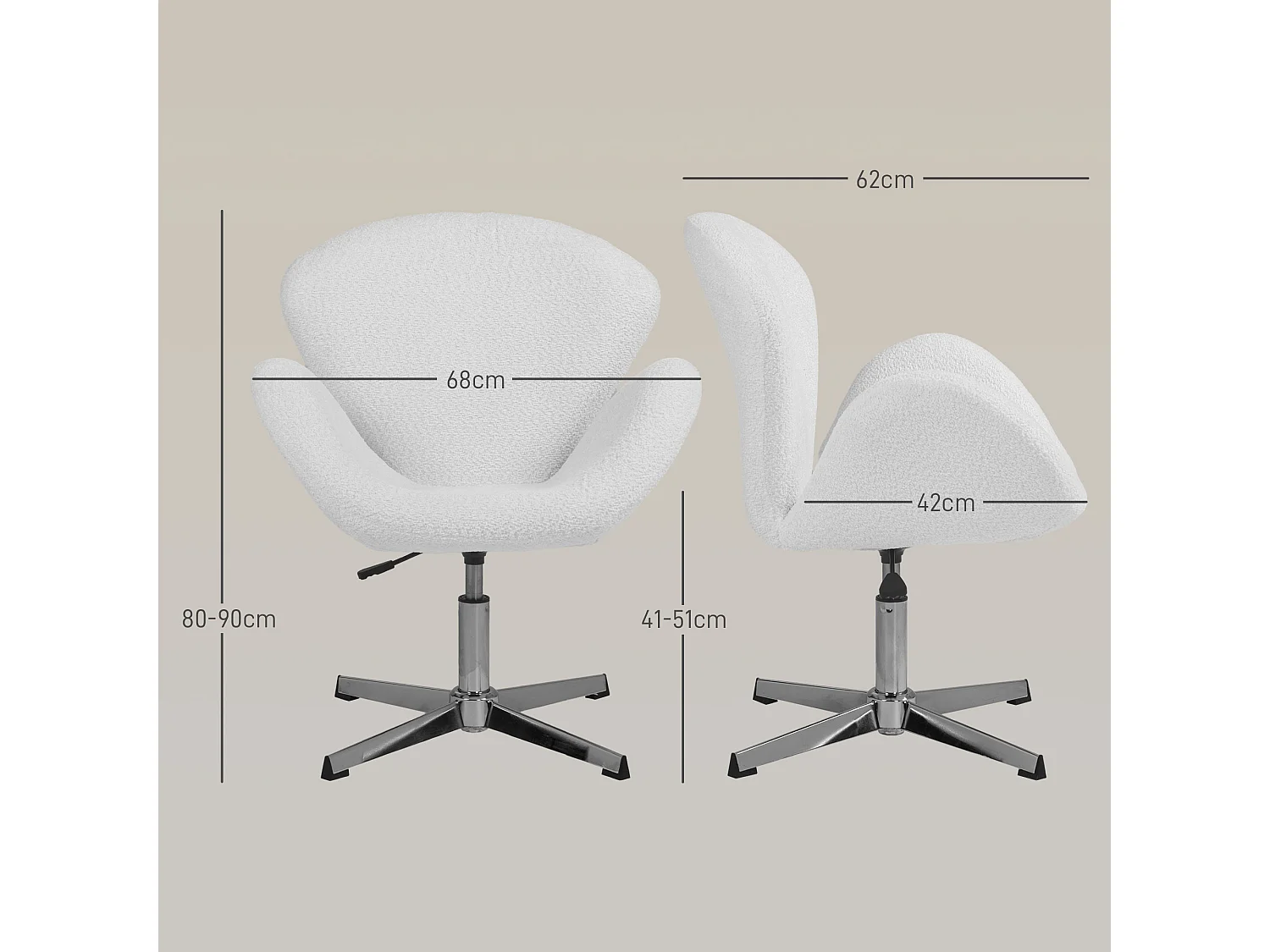 Fauteuil de bureau salon design néo-rétro hauteur réglable piètement acier chromé effet laine bouclée blanc