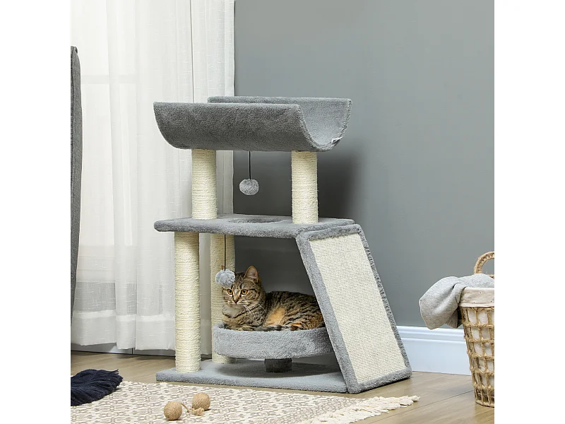 Arbre à chat griffoirs grattoir jeu boules suspendues plateformes ronde, rectangulaire et demi-cylindrique peluche jute naturelle gris