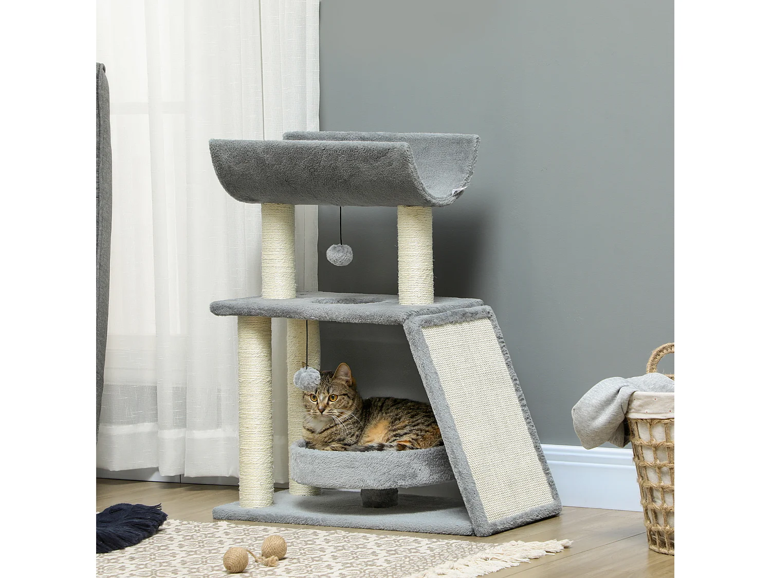 Arbre à chat griffoirs grattoir jeu boules suspendues plateformes ronde, rectangulaire et demi-cylindrique peluche jute naturelle gris