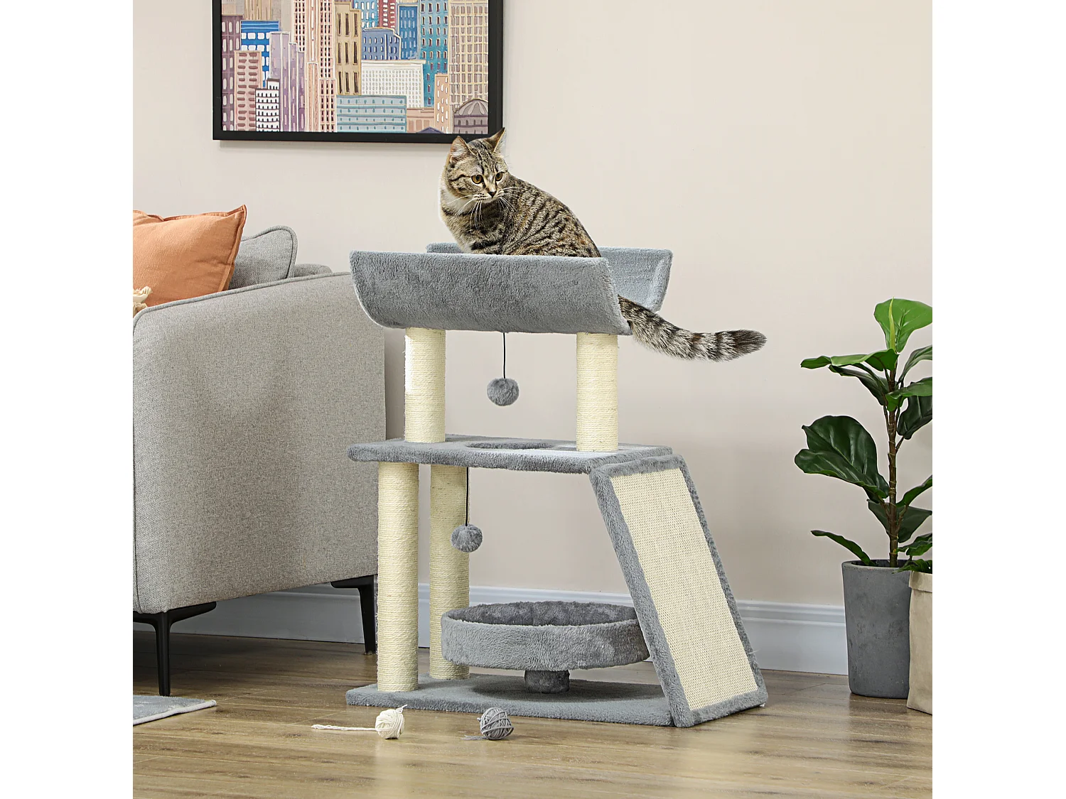 Arbre à chat griffoirs grattoir jeu boules suspendues plateformes ronde, rectangulaire et demi-cylindrique peluche jute naturelle gris