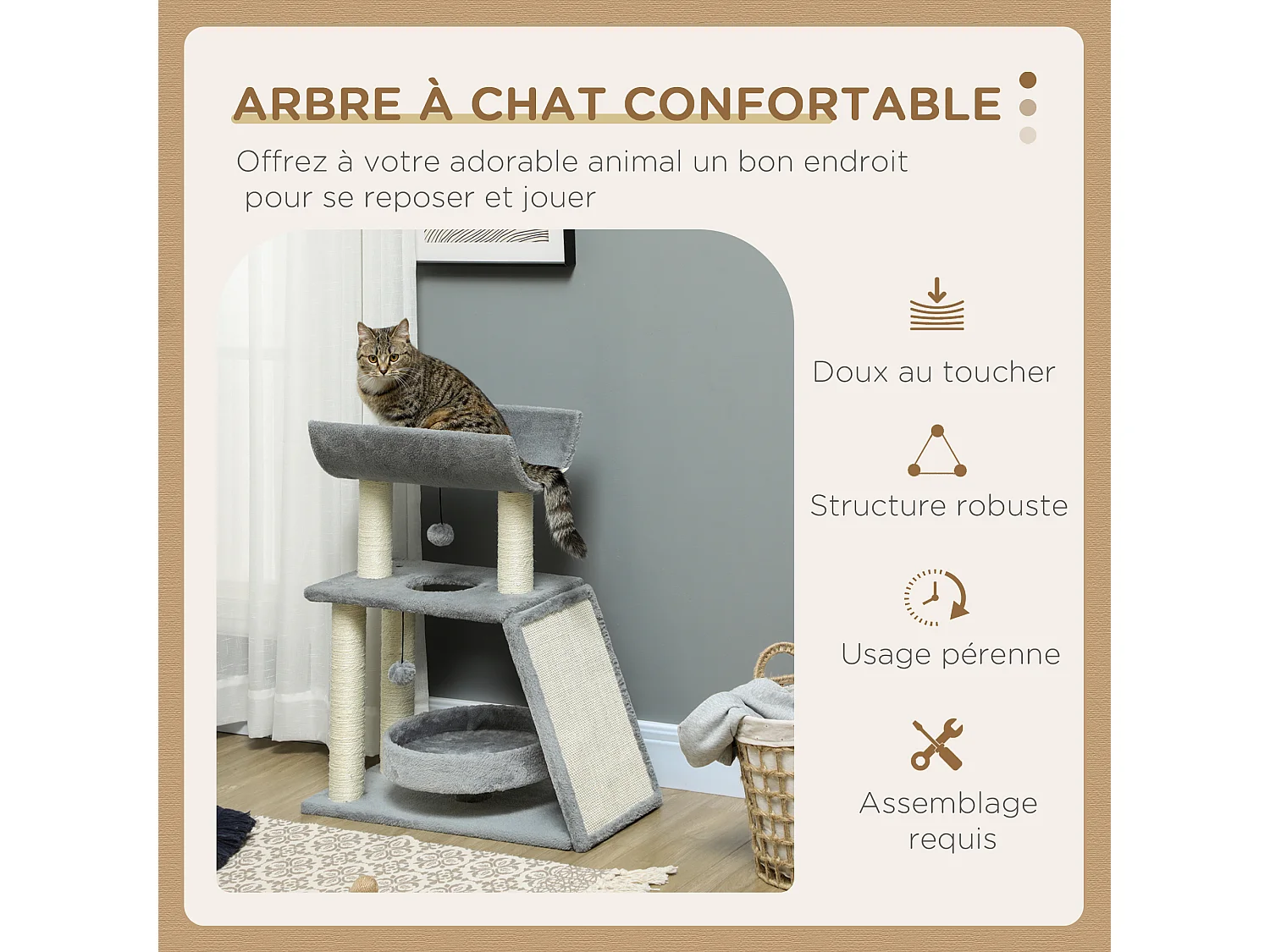 Arbre à chat griffoirs grattoir jeu boules suspendues plateformes ronde, rectangulaire et demi-cylindrique peluche jute naturelle gris