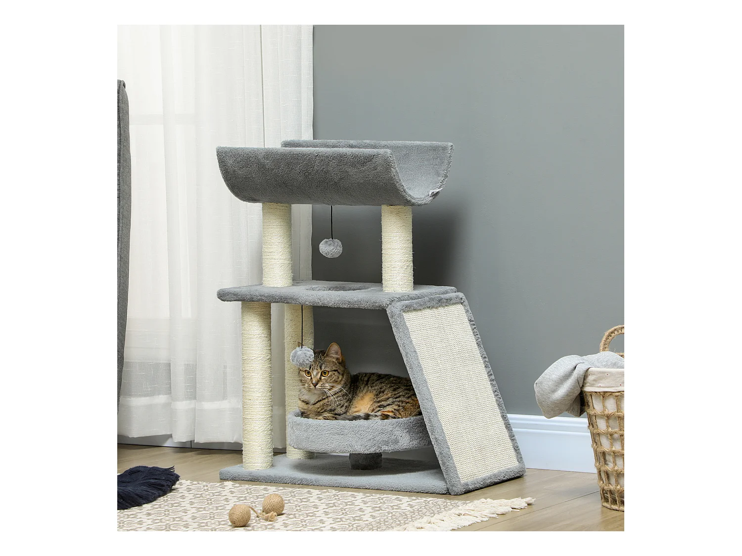 Arbre à chat griffoirs grattoir jeu boules suspendues plateformes ronde, rectangulaire et demi-cylindrique peluche jute naturelle gris