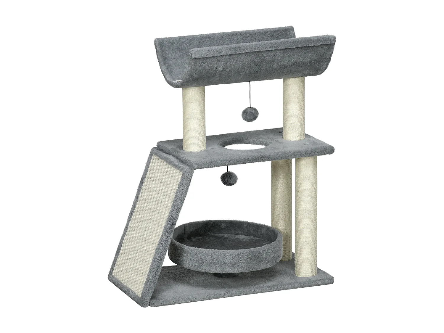 Arbre à chat griffoirs grattoir jeu boules suspendues plateformes ronde, rectangulaire et demi-cylindrique peluche jute naturelle gris