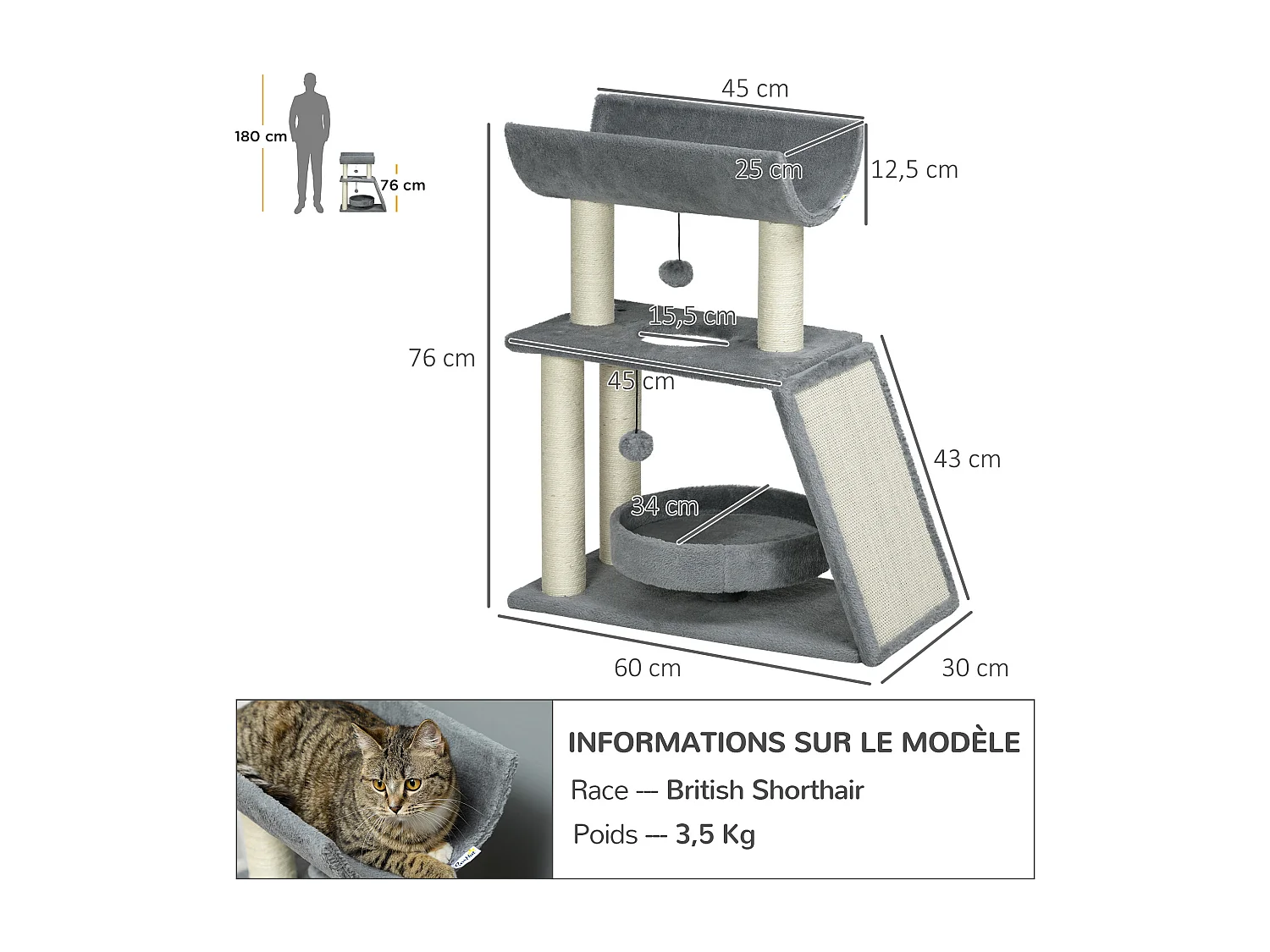 Arbre à chat griffoirs grattoir jeu boules suspendues plateformes ronde, rectangulaire et demi-cylindrique peluche jute naturelle gris