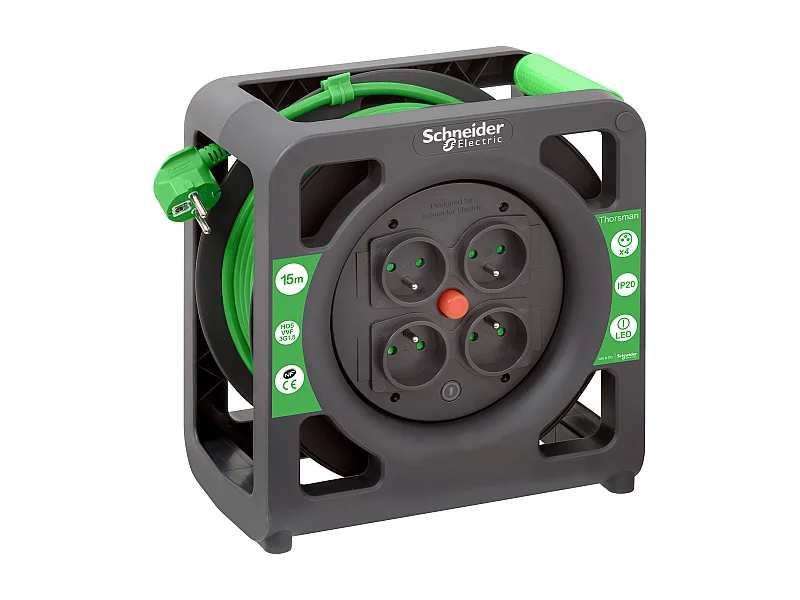 Enrouleur compact 15m 4 prises 2P+T IP20 - Schneider
