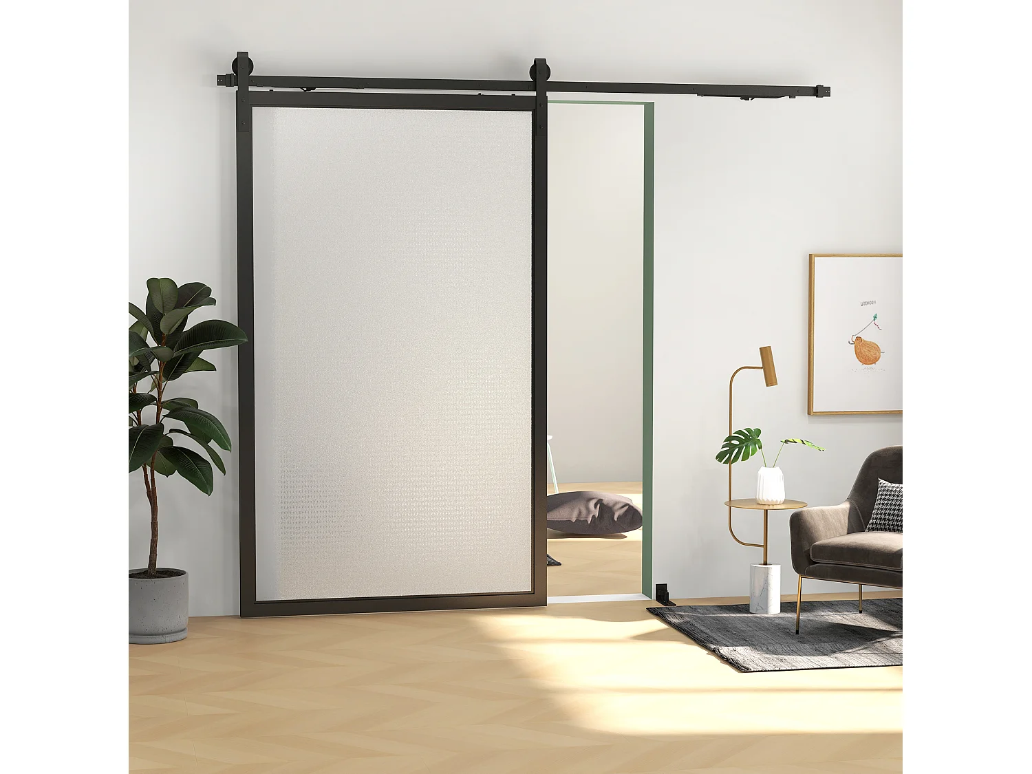 Kit de porte coulissante système galandage pour porte épaisseur 40-55 mm longueur rail 2,44 m charge max. 90 Kg acier au carbone noir