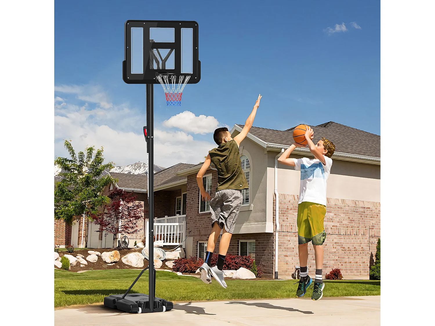 Panier de basket sur pied hauteur réglable 2,35-3,05 m - roulettes, base de lestage - acier PE noir