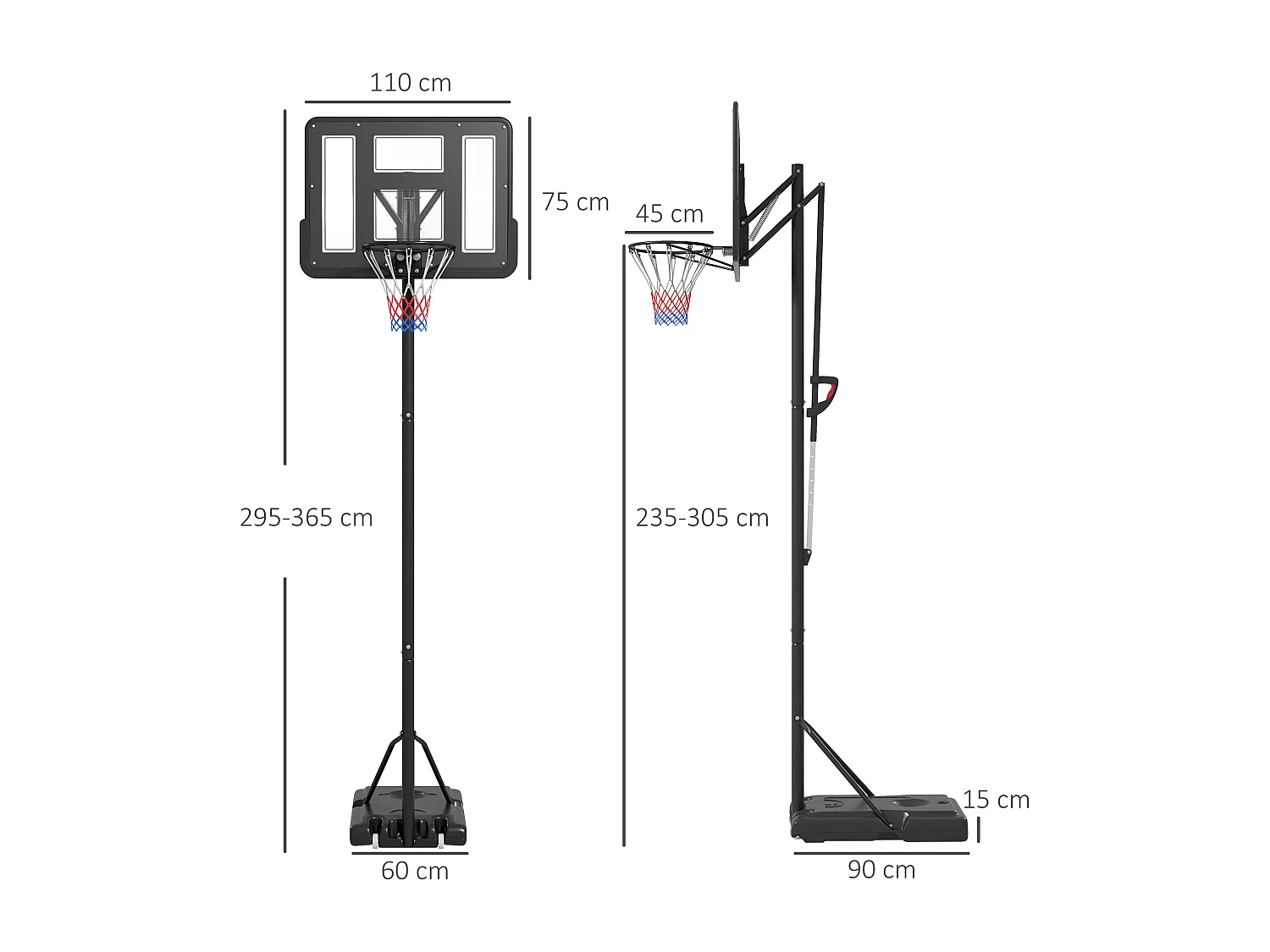Panier de basket sur pied hauteur réglable 2,35-3,05 m - roulettes, base de lestage - acier PE noir