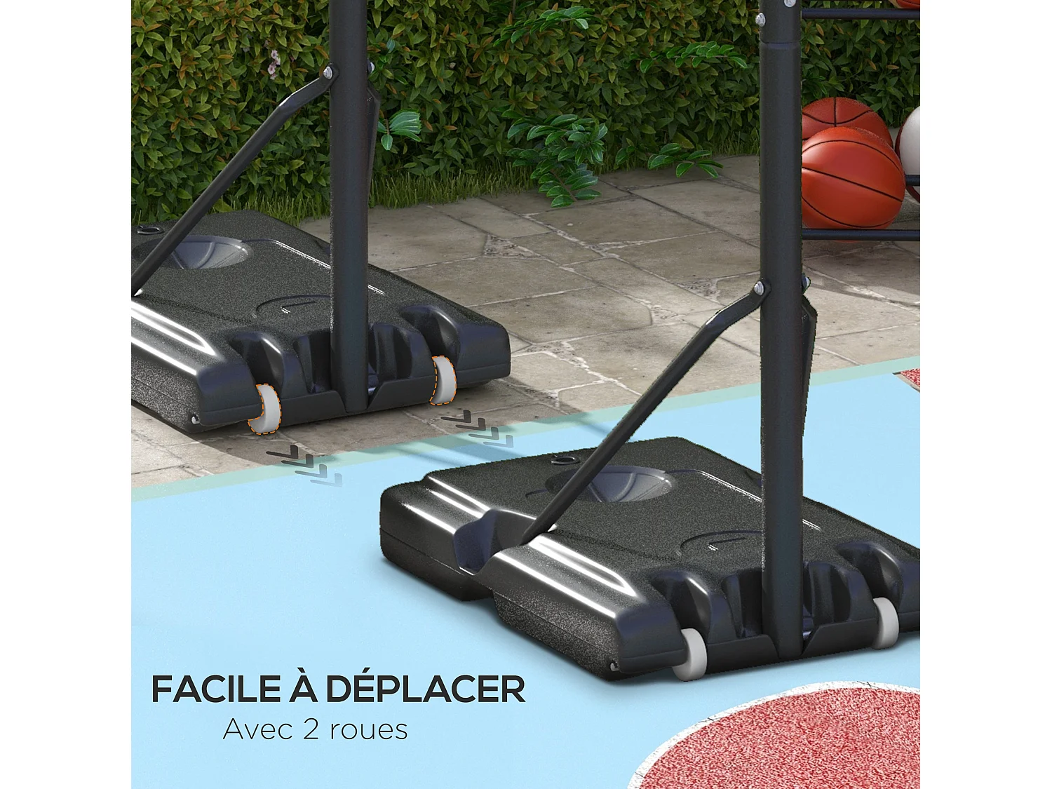 Panier de basket sur pied hauteur réglable 2,35-3,05 m - roulettes, base de lestage - acier PE noir