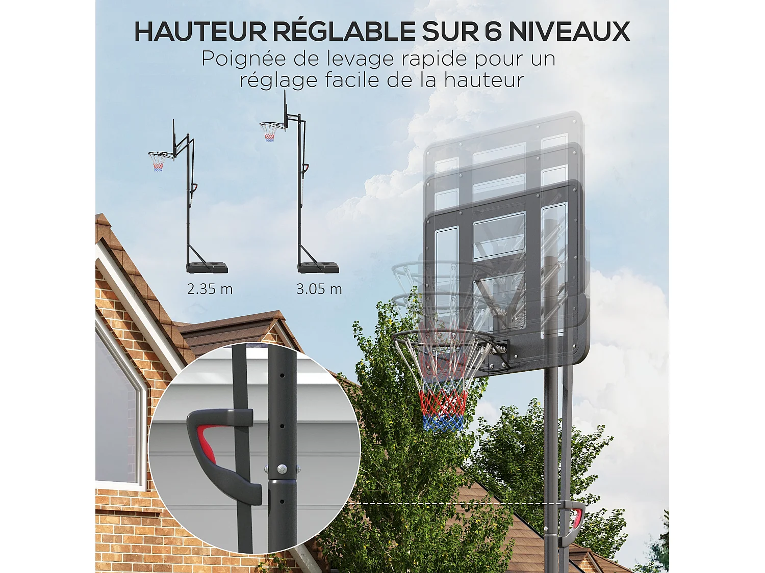 Panier de basket sur pied hauteur réglable 2,35-3,05 m - roulettes, base de lestage - acier PE noir