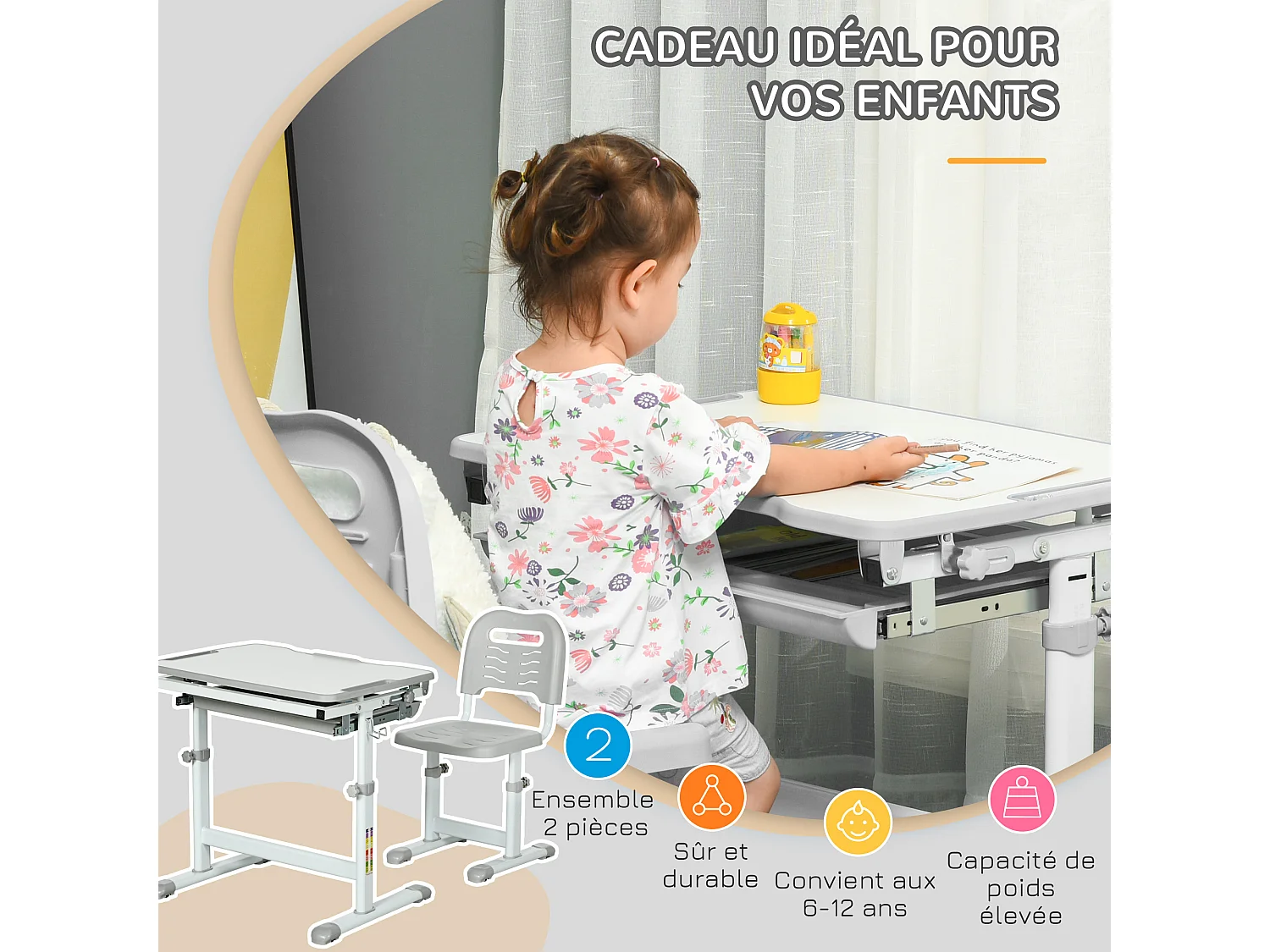 Ensemble bureau chaise enfant réglable - plateau inclinable, tiroir coulissant - acier PP gris blanc