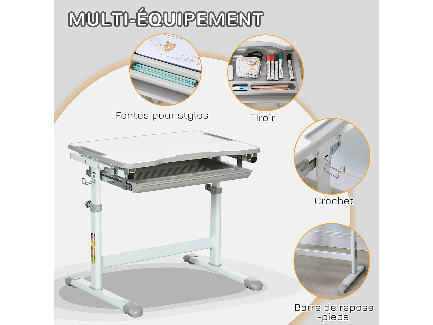 Ensemble bureau chaise enfant réglable - plateau inclinable, tiroir coulissant - acier PP gris blanc