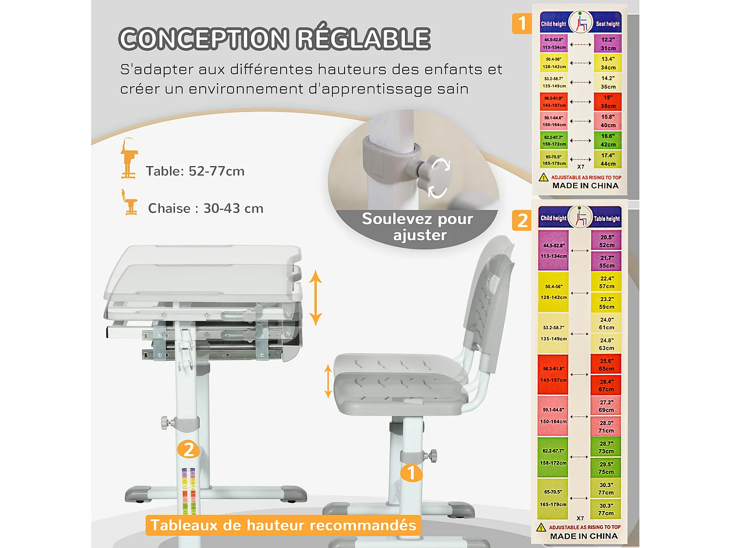 Ensemble bureau chaise enfant réglable - plateau inclinable, tiroir coulissant - acier PP gris blanc