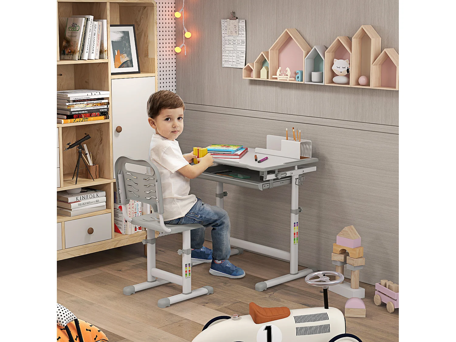 Ensemble bureau chaise enfant réglable - plateau inclinable, tiroir coulissant - acier PP gris blanc