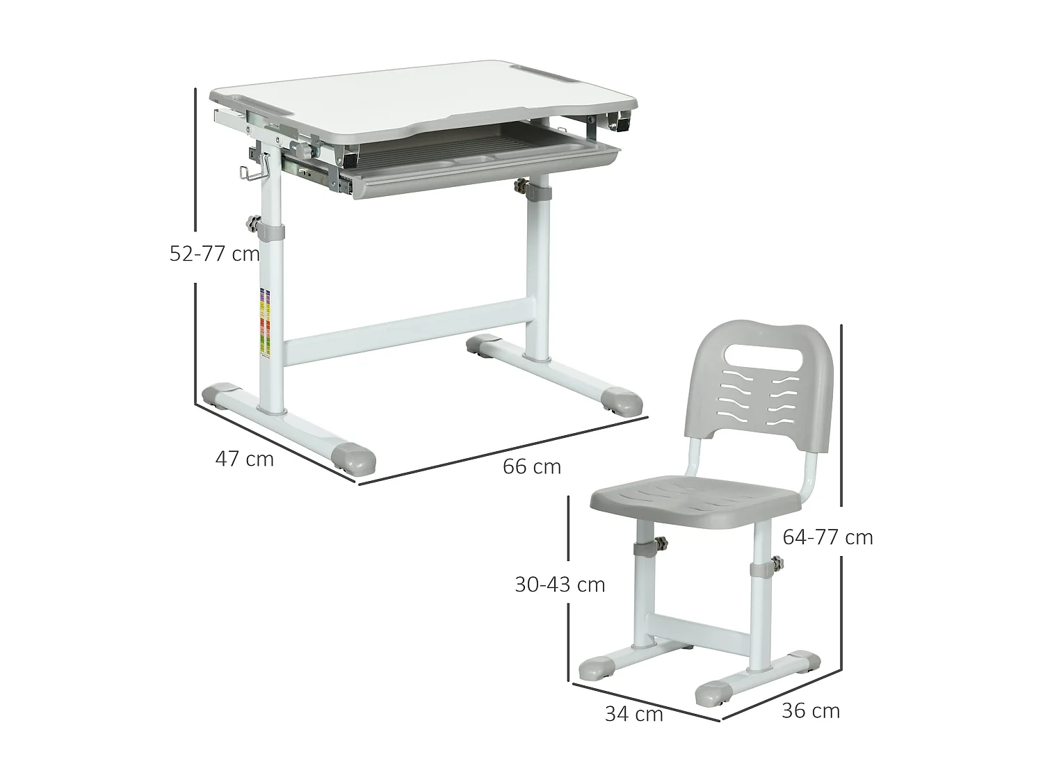 Ensemble bureau chaise enfant réglable - plateau inclinable, tiroir coulissant - acier PP gris blanc