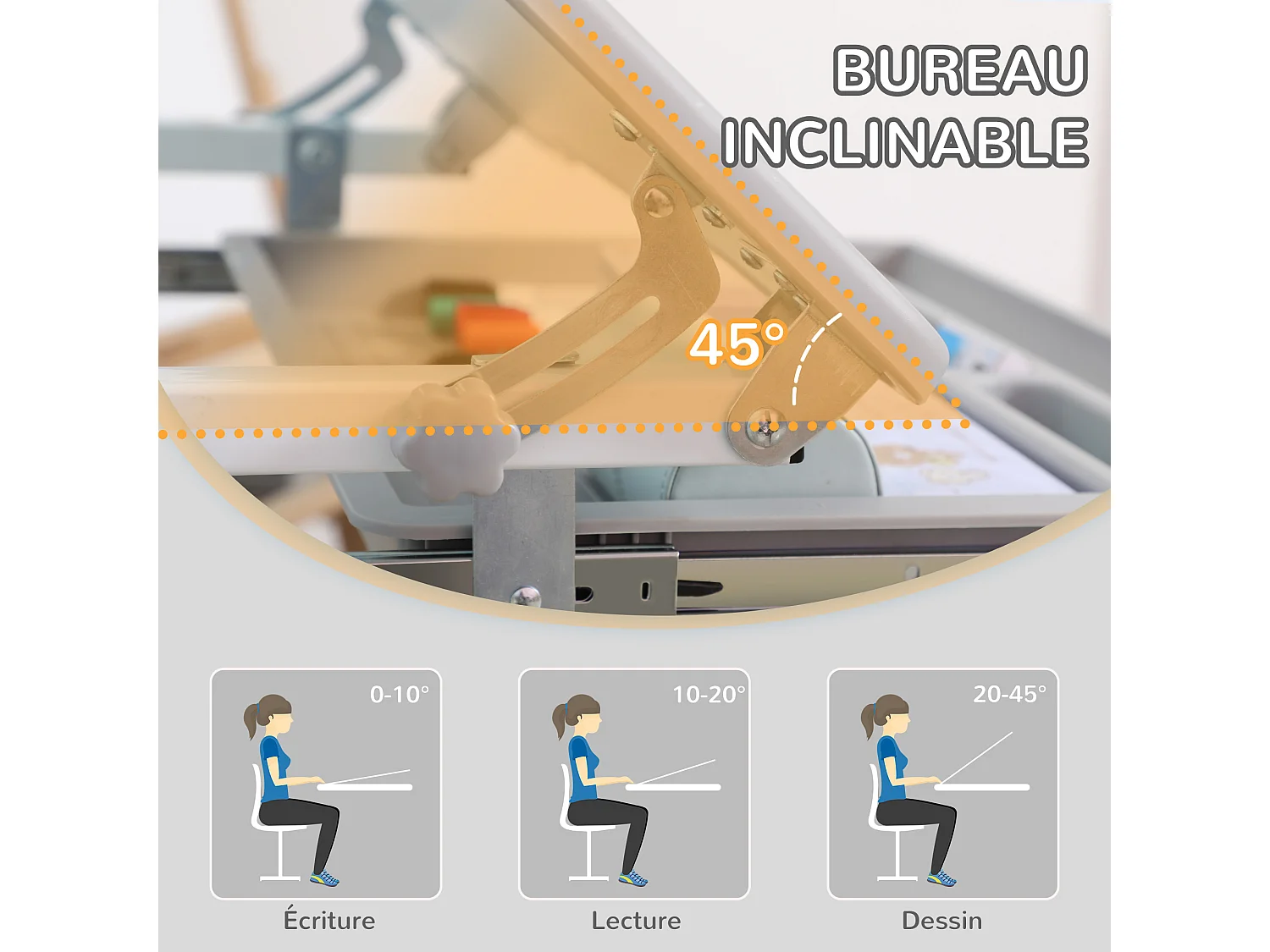 Ensemble bureau chaise enfant réglable - plateau inclinable, tiroir coulissant - acier PP gris blanc