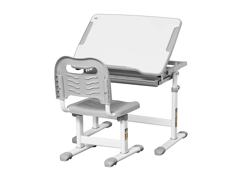 Ensemble bureau chaise enfant réglable - plateau inclinable, tiroir coulissant - acier PP gris blanc