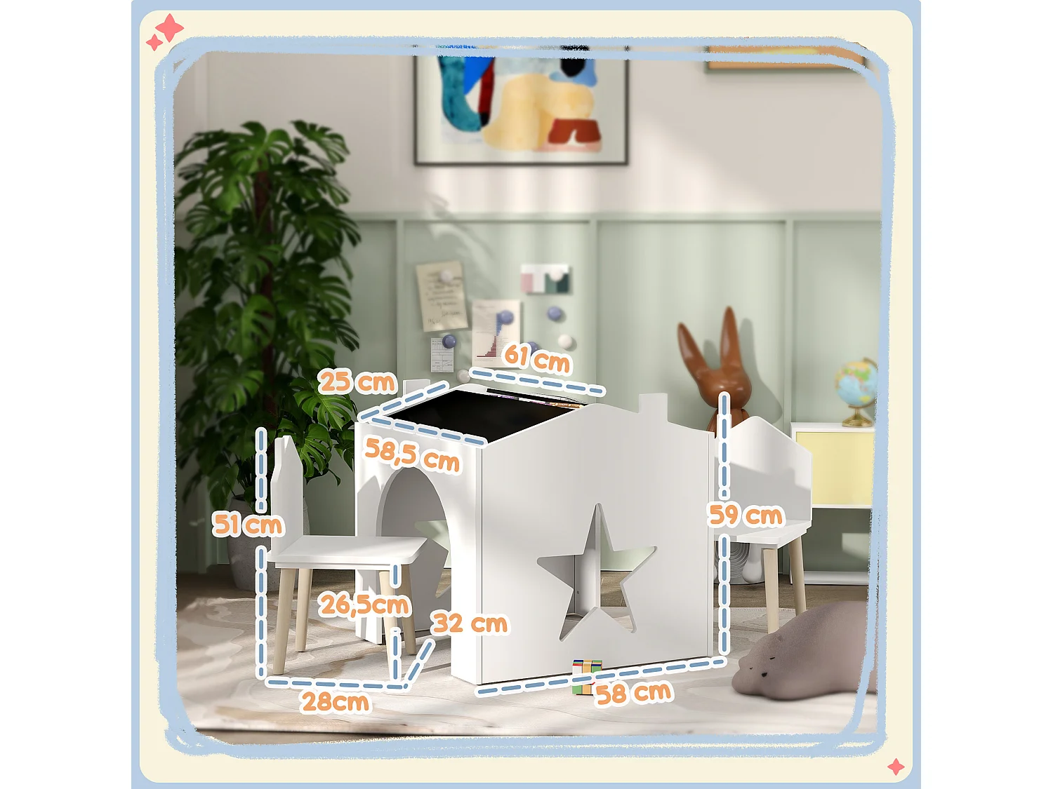 Ensemble 1 table et 2 chaises enfants avec plateau de tableau noir, pieds en pin, pour 3-8 ans, blanc