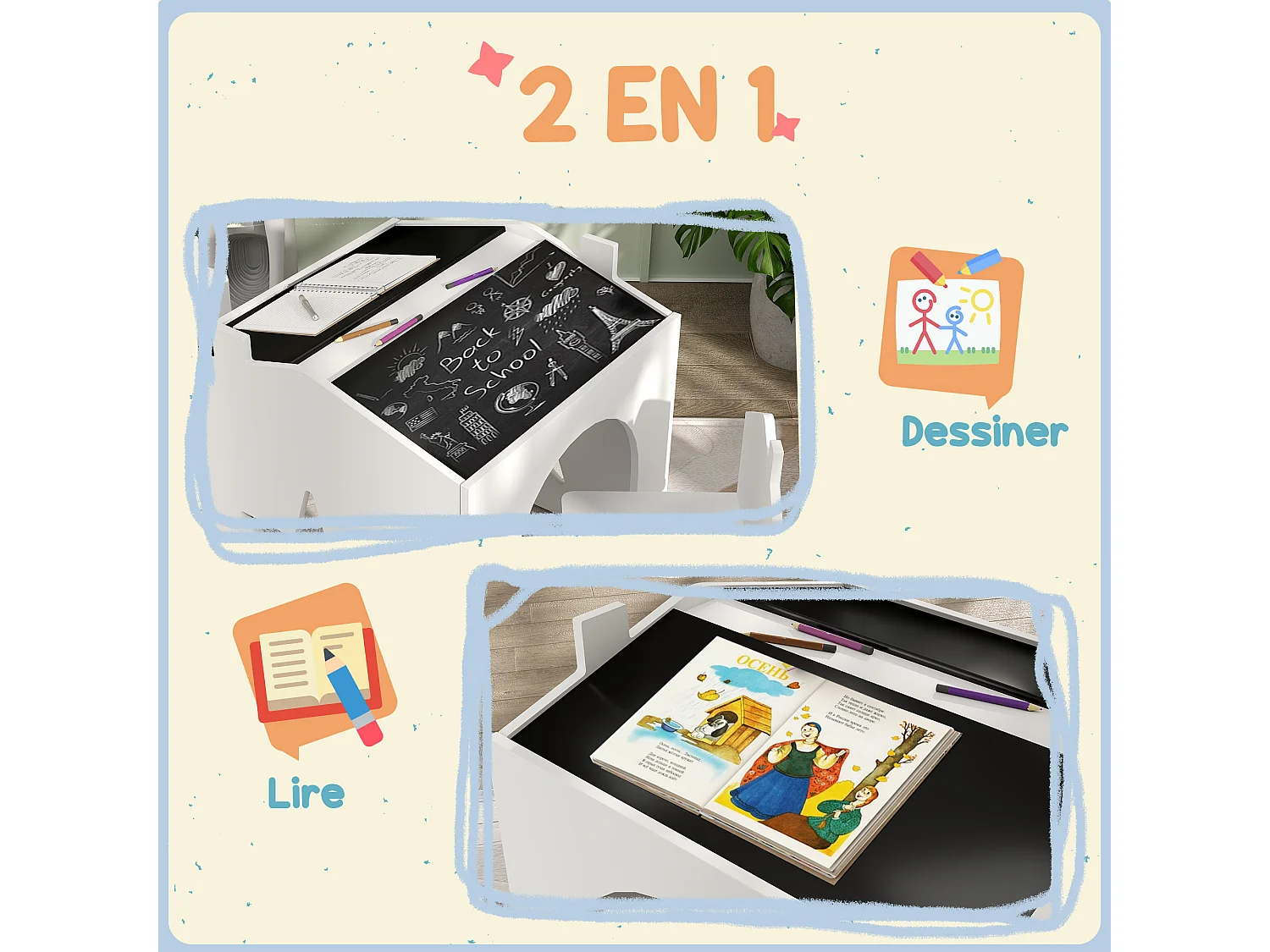 Ensemble 1 table et 2 chaises enfants avec plateau de tableau noir, pieds en pin, pour 3-8 ans, blanc