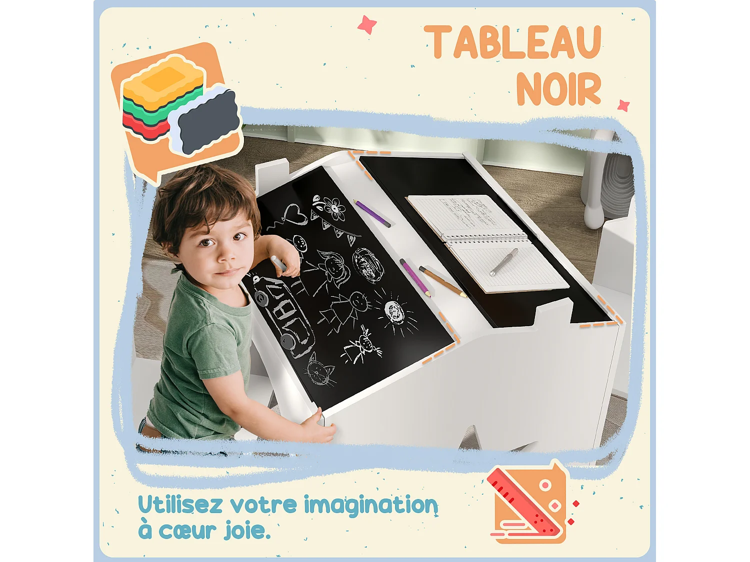 Ensemble 1 table et 2 chaises enfants avec plateau de tableau noir, pieds en pin, pour 3-8 ans, blanc
