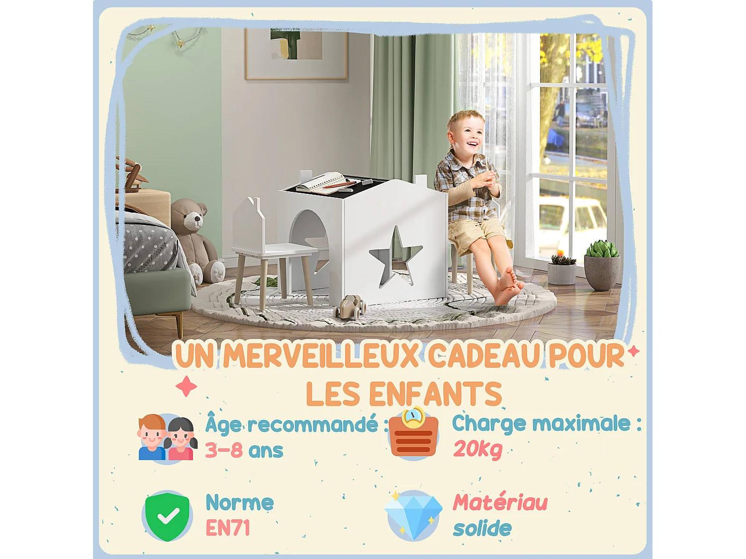 Ensemble 1 table et 2 chaises enfants avec plateau de tableau noir, pieds en pin, pour 3-8 ans, blanc