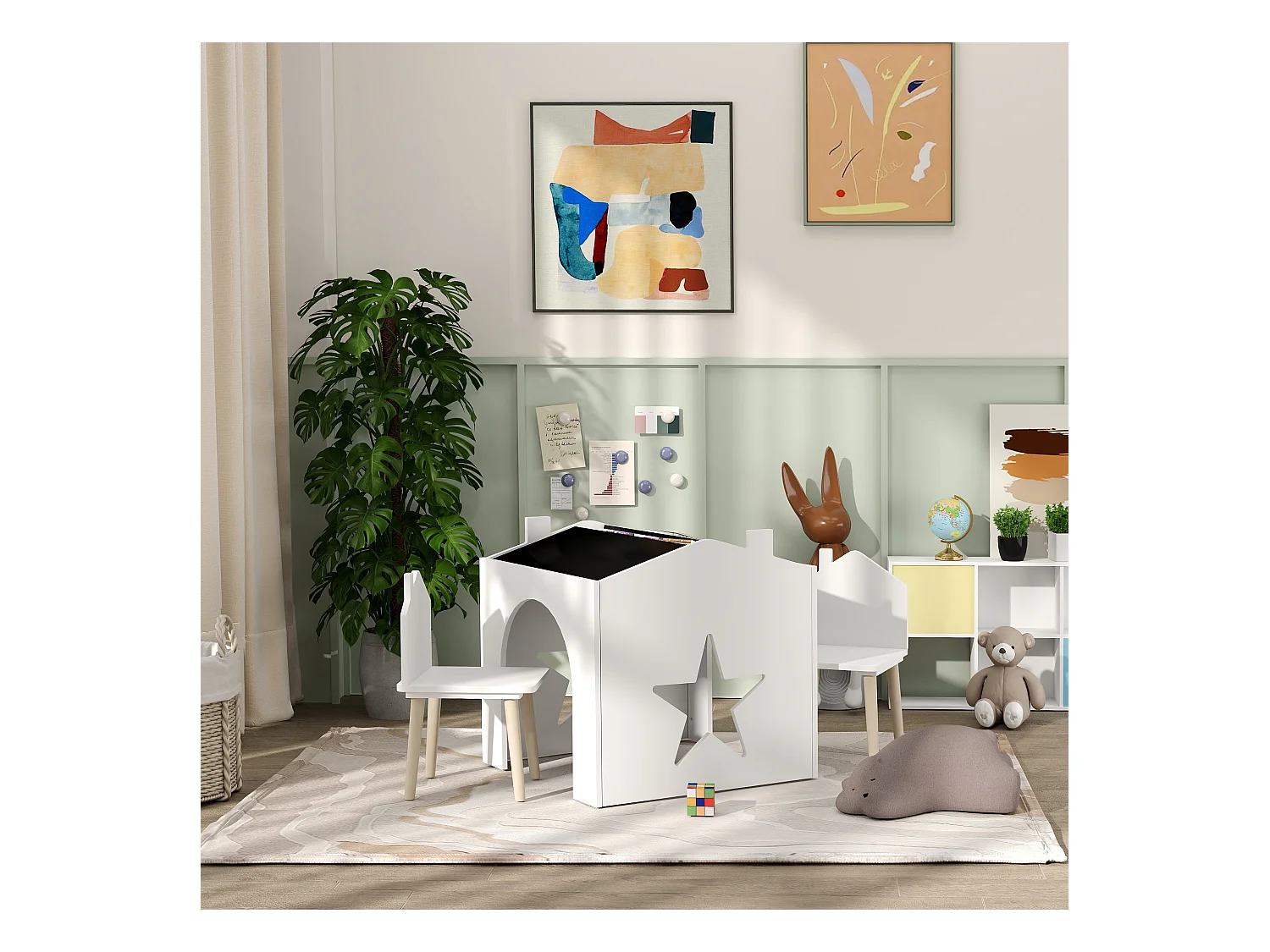 Ensemble 1 table et 2 chaises enfants avec plateau de tableau noir, pieds en pin, pour 3-8 ans, blanc