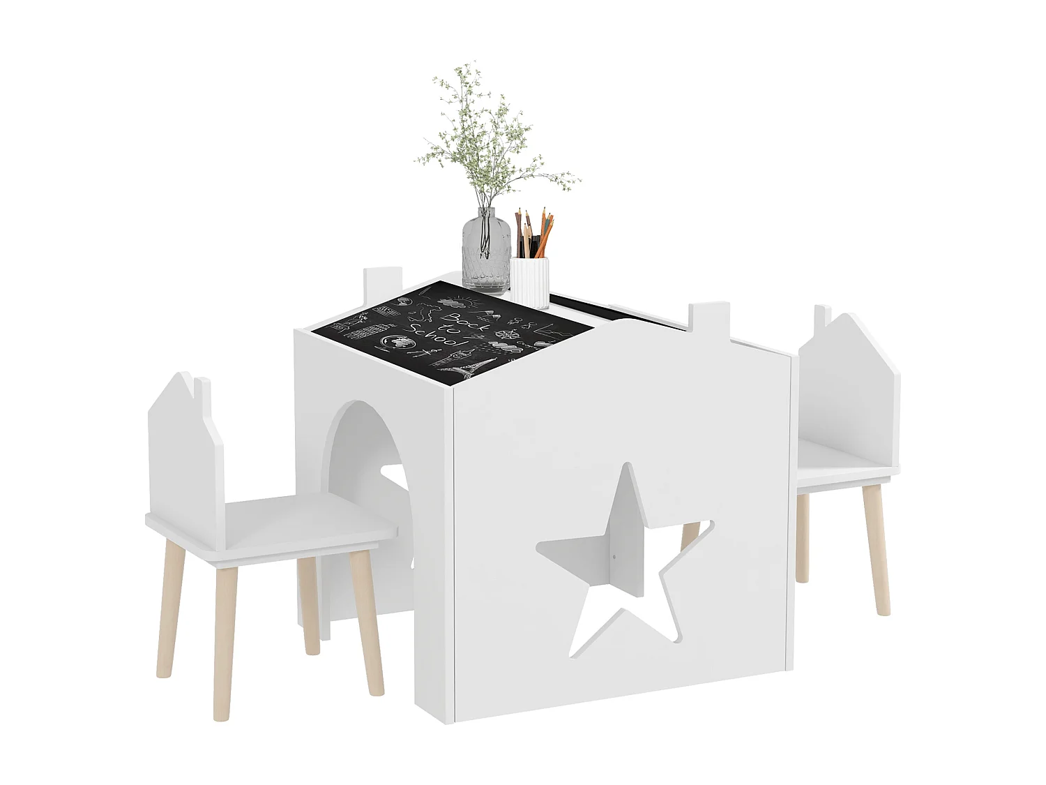 Ensemble 1 table et 2 chaises enfants avec plateau de tableau noir, pieds en pin, pour 3-8 ans, blanc