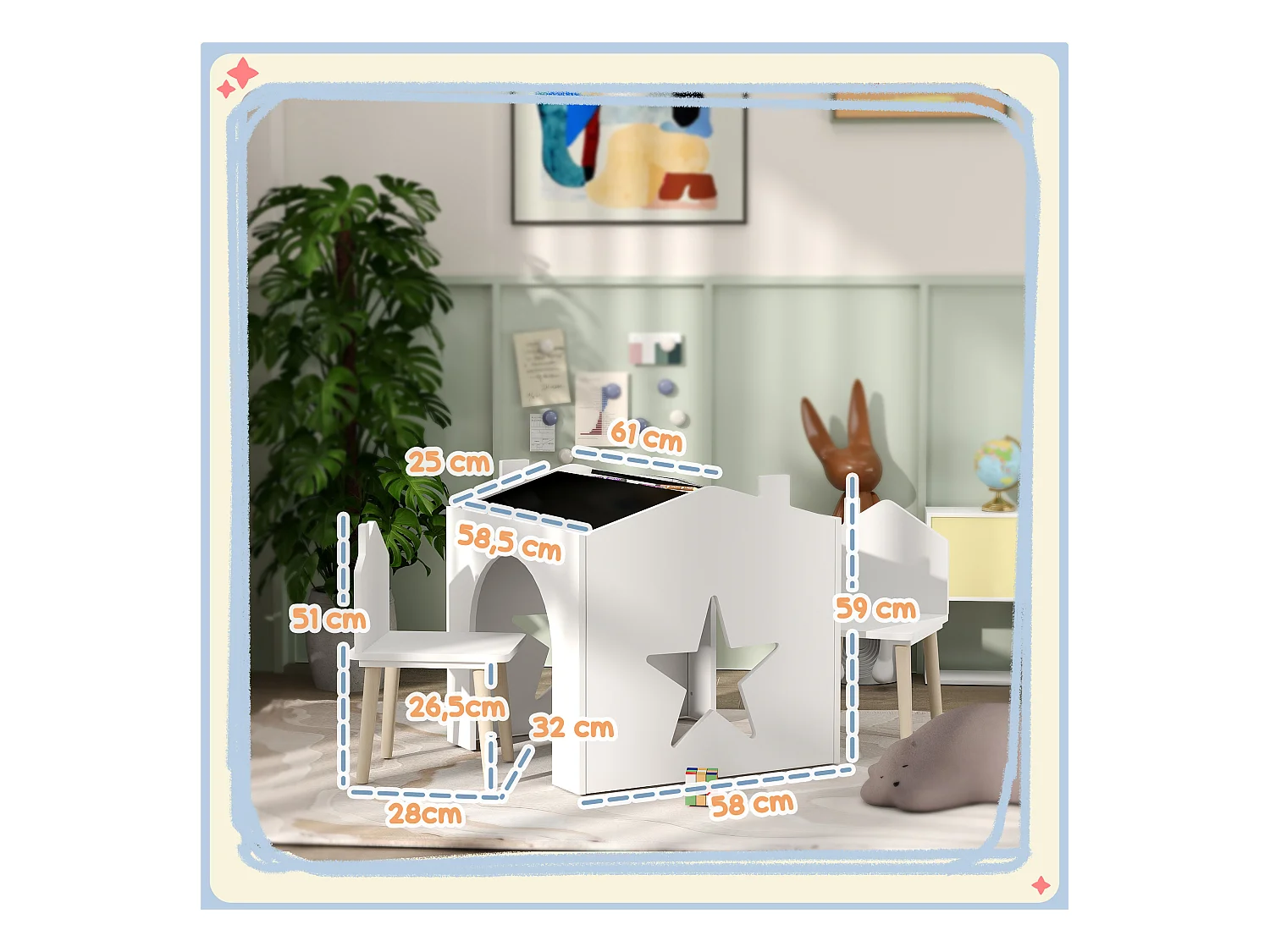 Ensemble 1 table et 2 chaises enfants avec plateau de tableau noir, pieds en pin, pour 3-8 ans, blanc