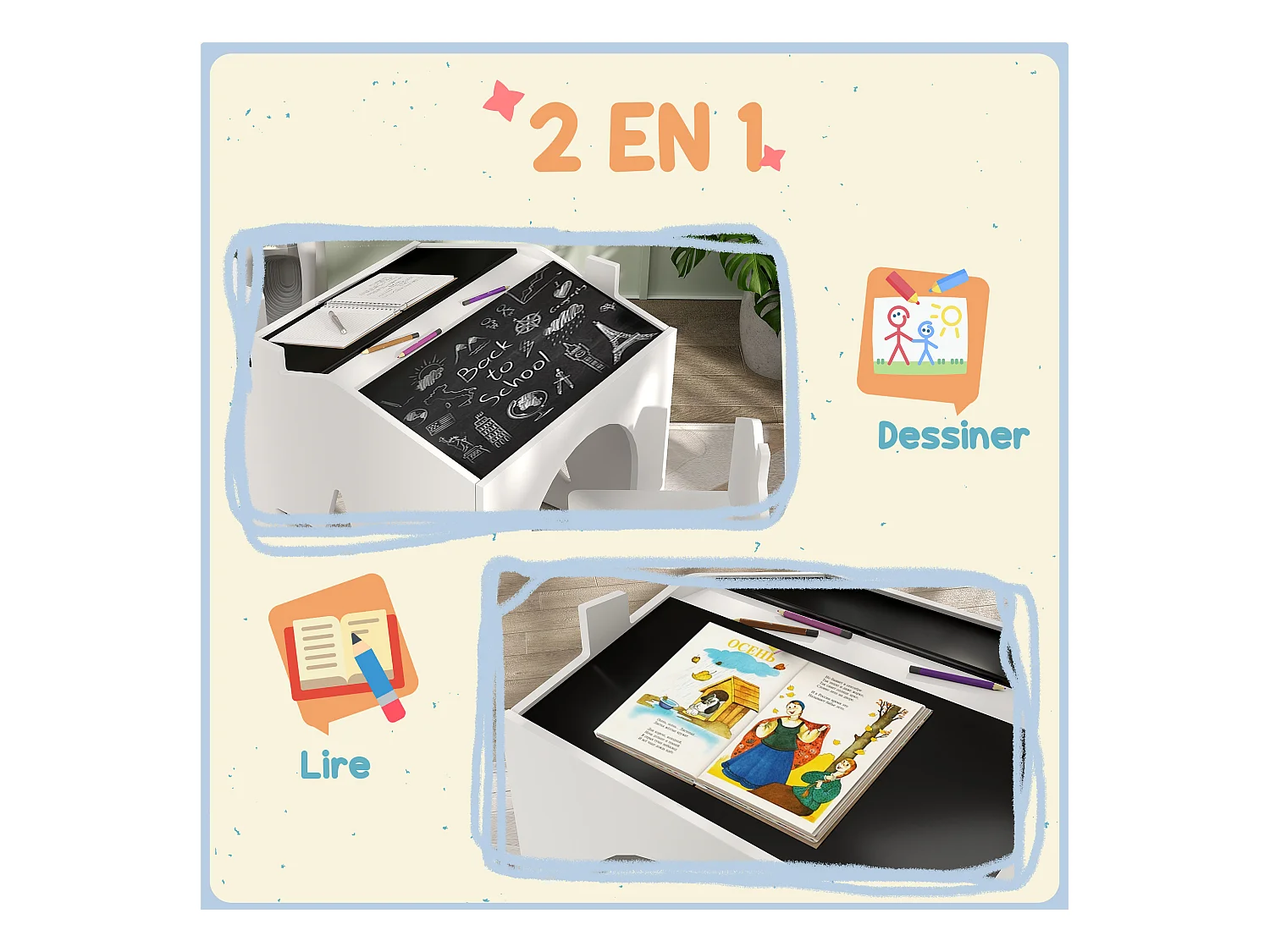 Ensemble 1 table et 2 chaises enfants avec plateau de tableau noir, pieds en pin, pour 3-8 ans, blanc