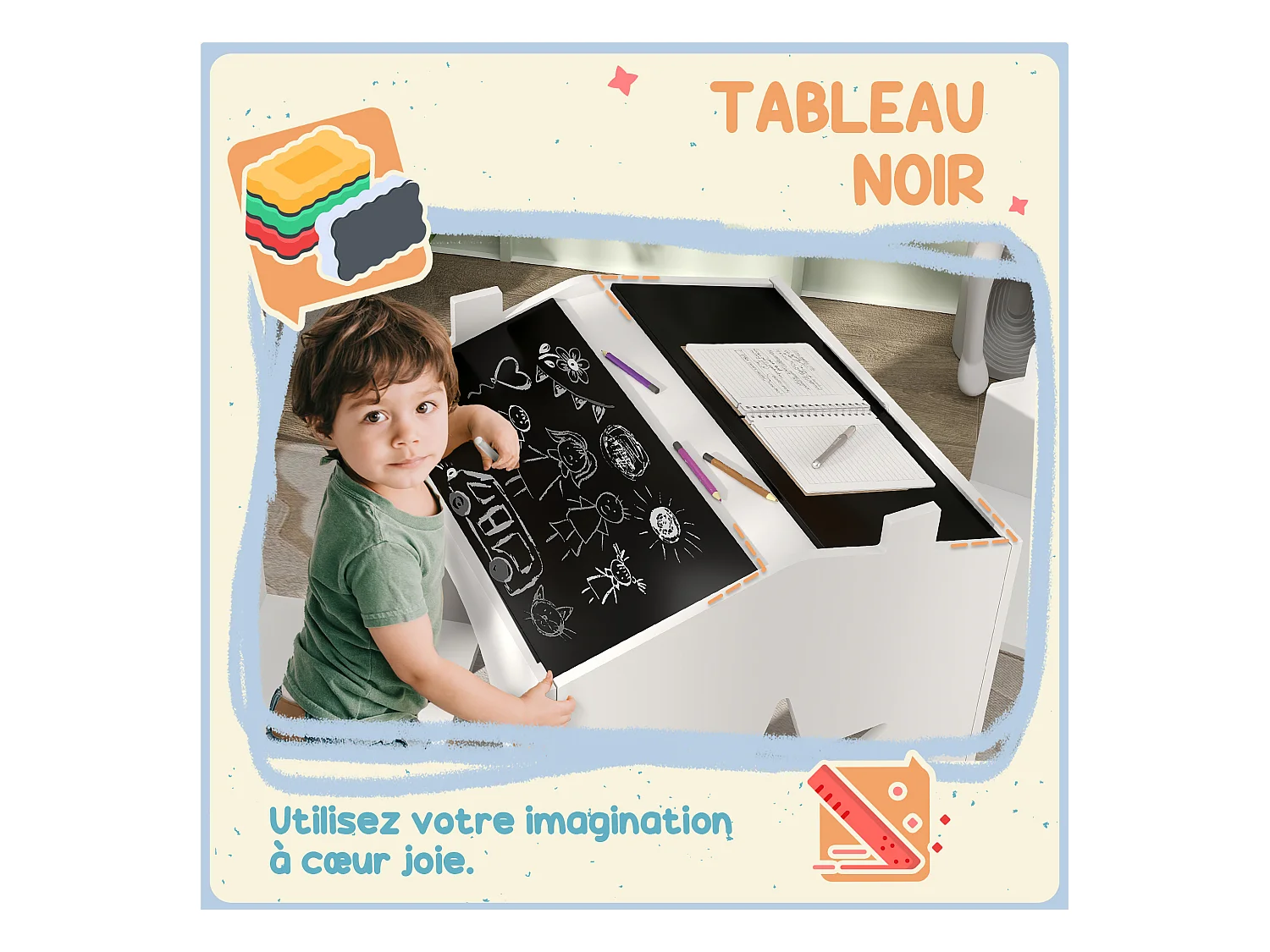 Ensemble 1 table et 2 chaises enfants avec plateau de tableau noir, pieds en pin, pour 3-8 ans, blanc