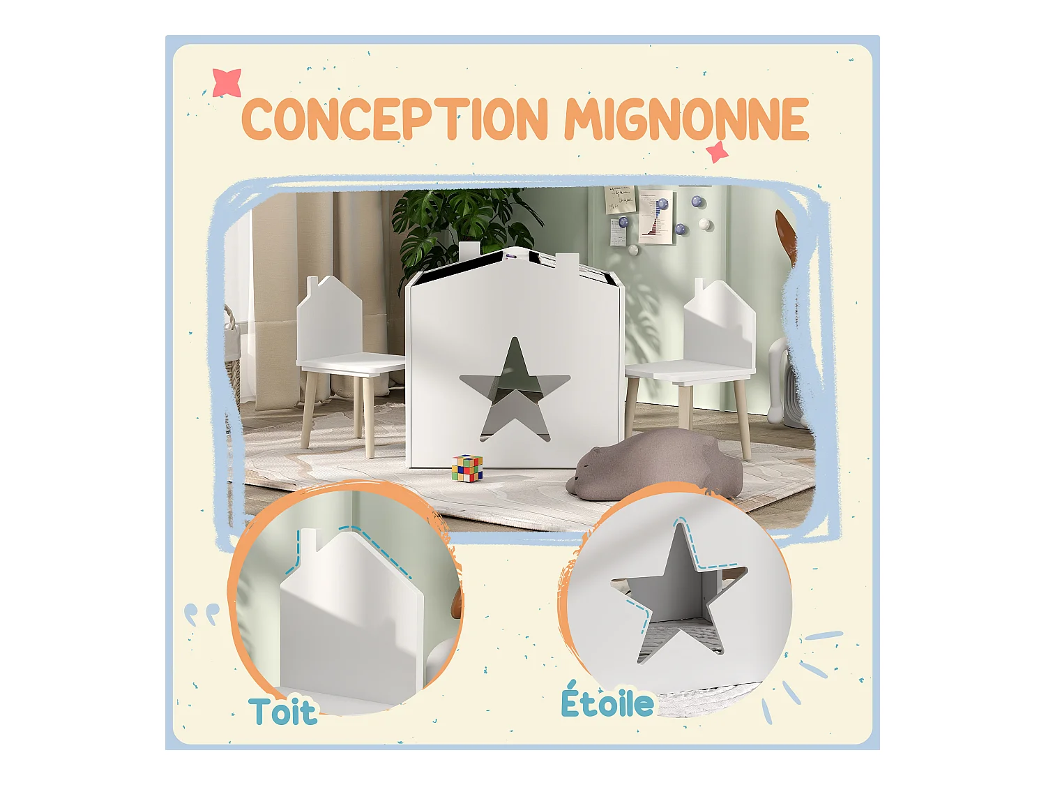 Ensemble 1 table et 2 chaises enfants avec plateau de tableau noir, pieds en pin, pour 3-8 ans, blanc