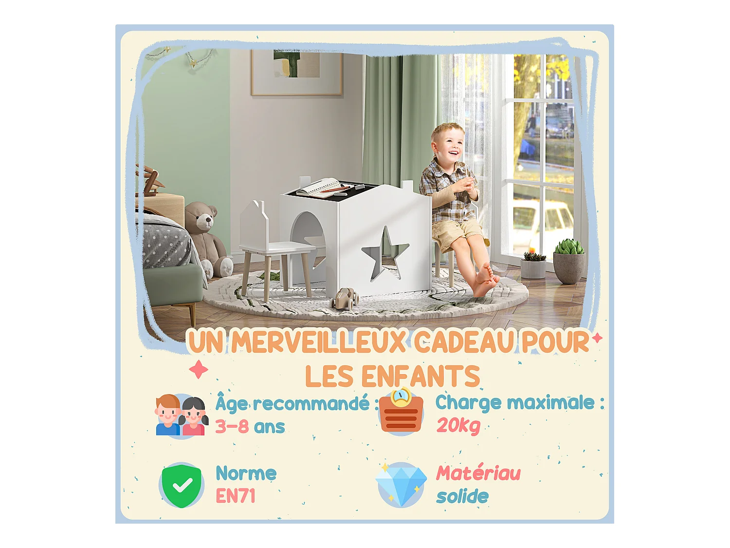 Ensemble 1 table et 2 chaises enfants avec plateau de tableau noir, pieds en pin, pour 3-8 ans, blanc