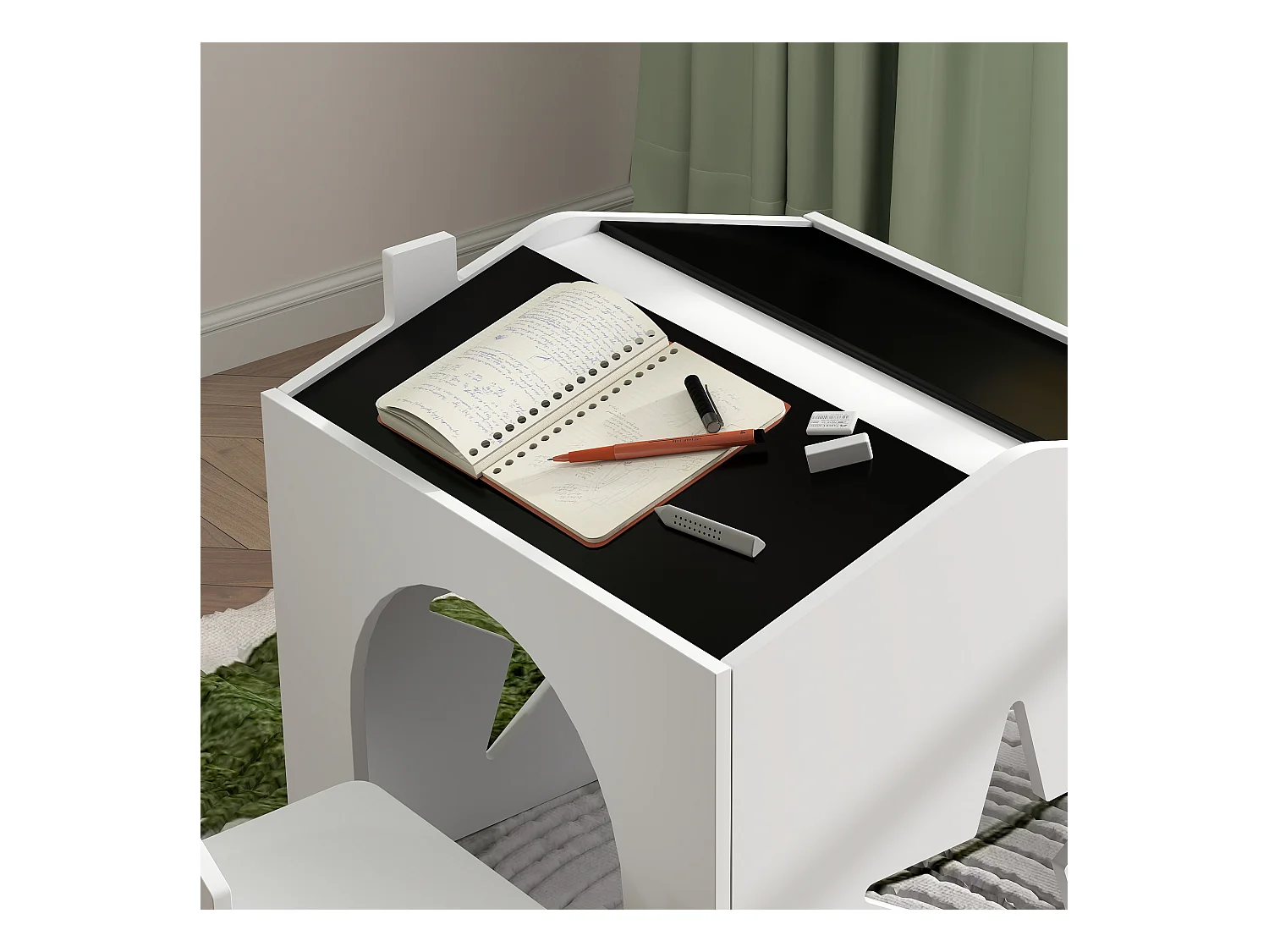 Ensemble 1 table et 2 chaises enfants avec plateau de tableau noir, pieds en pin, pour 3-8 ans, blanc